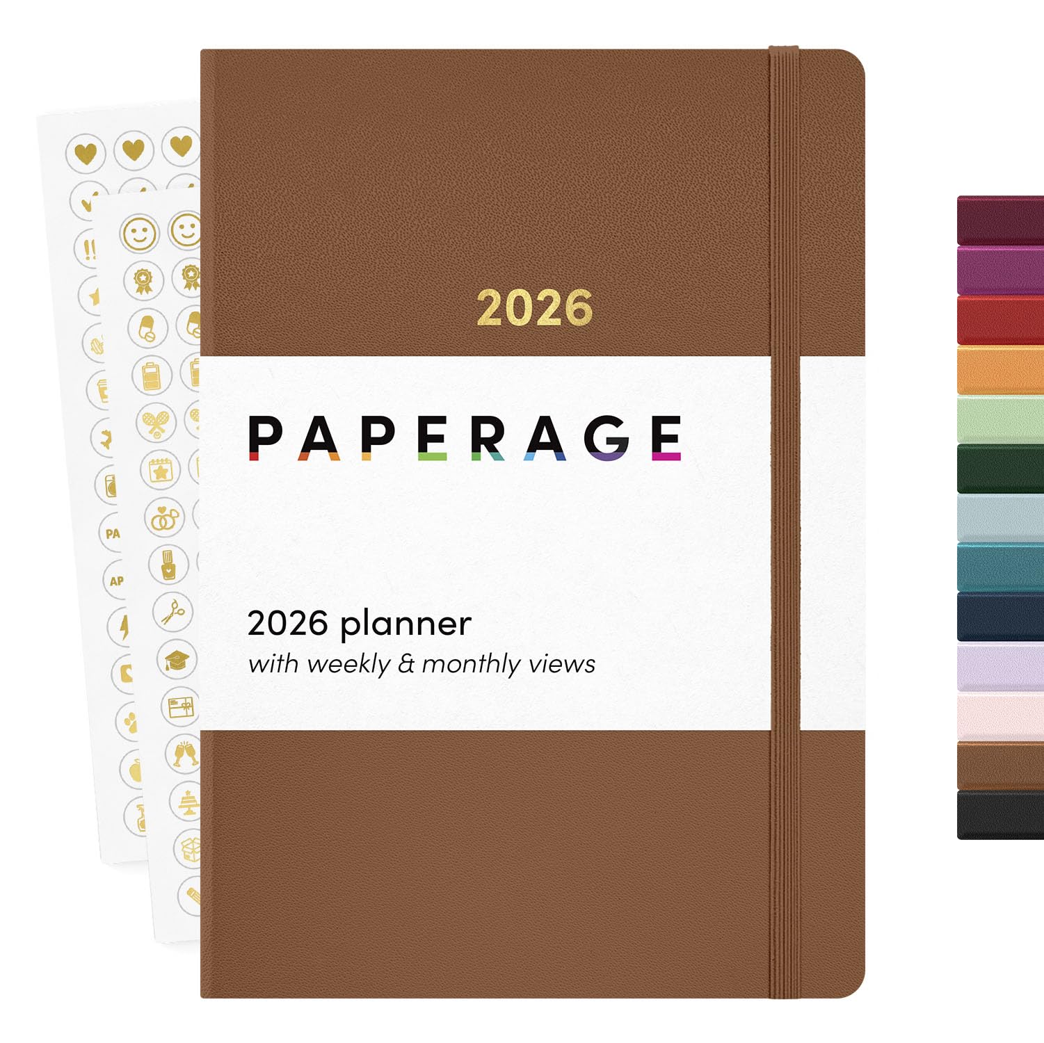 PAPERAGE 2026 Weekly & Monthly Planner, 12 Months (January 2026 - December 2026), 5.6 in x 8 in, Hardcover 2026 Planner with Weekly & Monthly Spreads, Note Pages, Stickers & Back Pocket – Cognac Cognac Casebound 2026