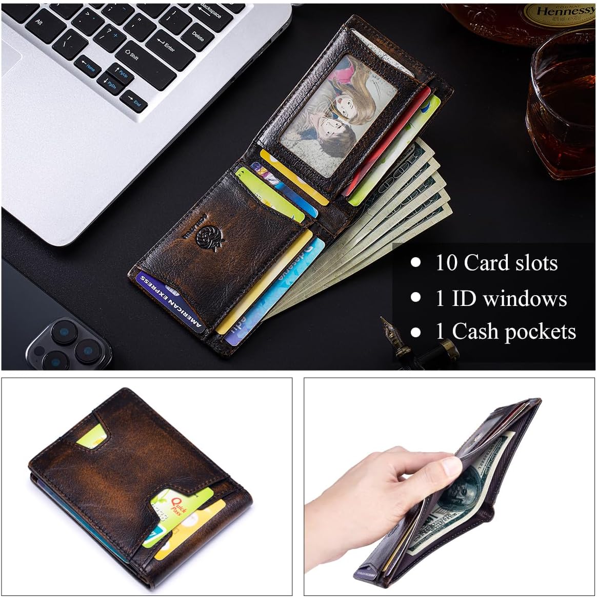 Front Pocket Wallet for Men Slim Lightweight RFID Blocking Genuine Leather Bifold Thin Wallet with 10 Card Slots, Antiqued