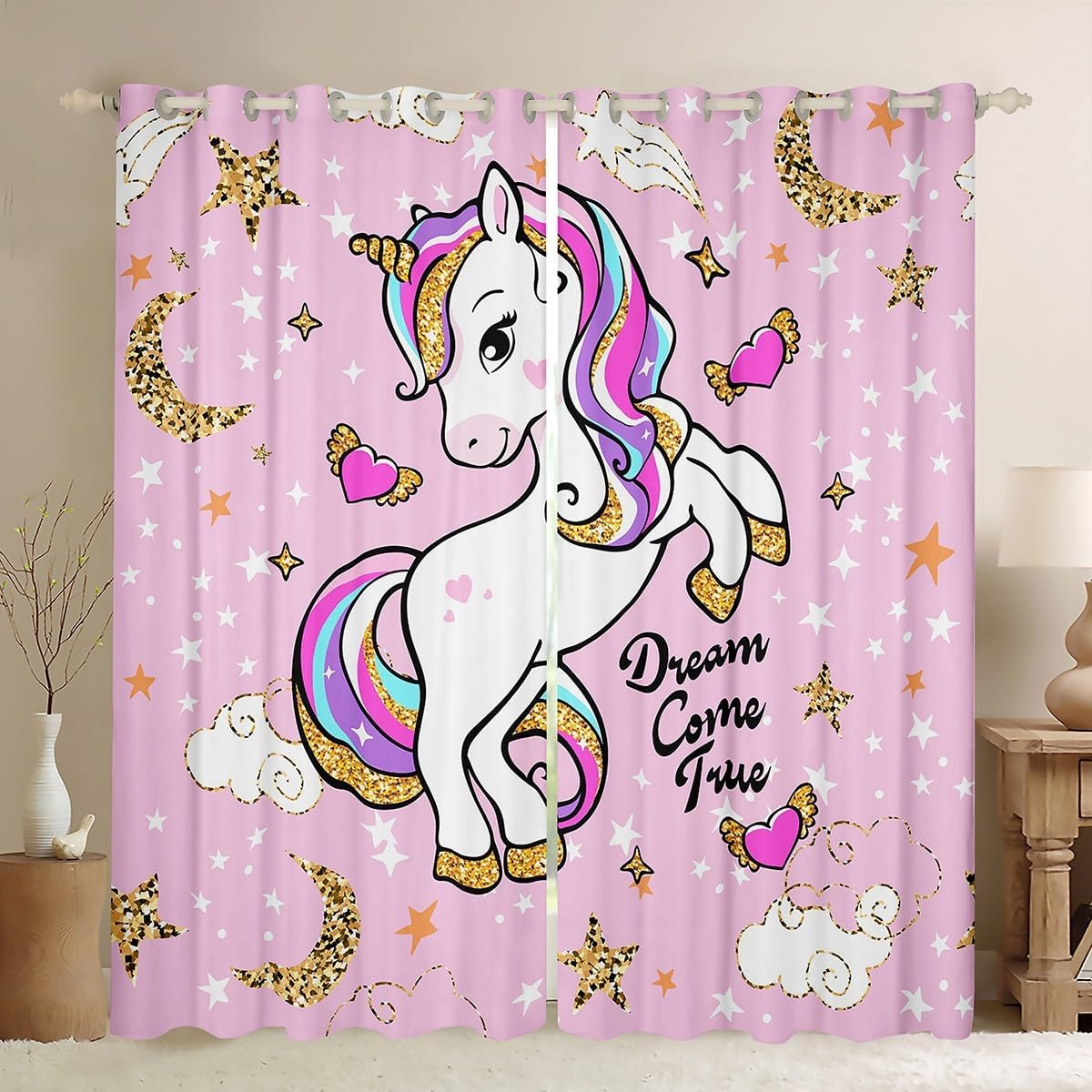 Feelyou Kids Girls Pink Unicorn Blackout Curtains Glitter Unicorn Window Curtains Galaxy Stars Fantasy Darkening Drapes Girls Cute Animal Decor Window Treatments, 2 Panels 38 x 45 Inch