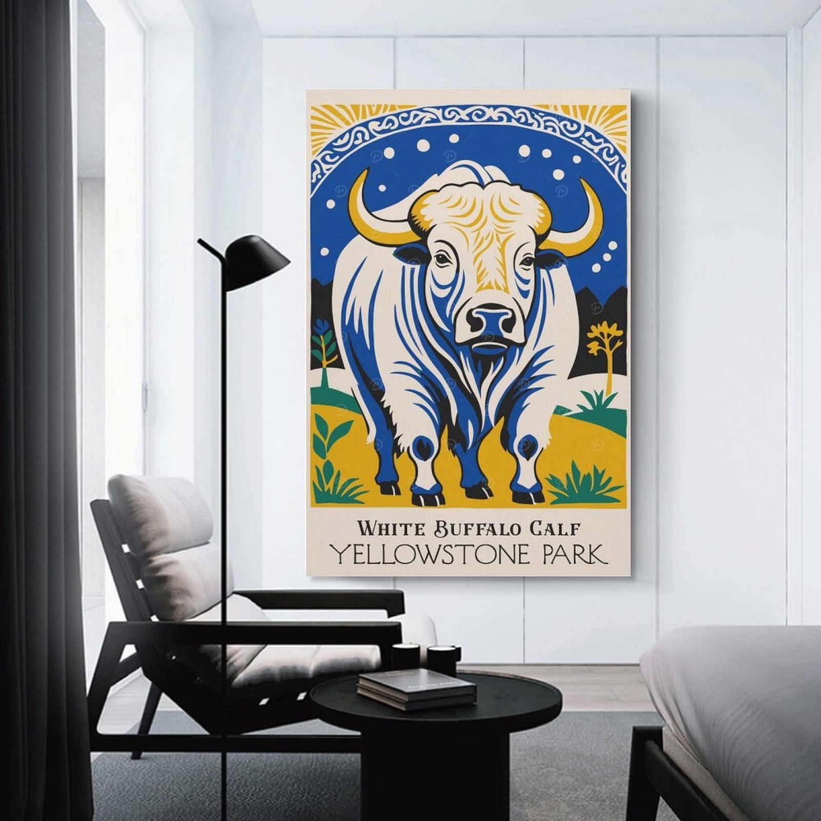 Junmoney White Buffalo Calf Park Wall Art Print, 24x36inch(60x90cm), for Lounge Decor, Bedroom Walls Or Flats, Decorative Artwork for Empty Walls