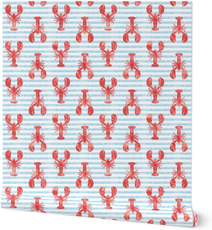 Peel & Stick Wallpaper Swatch - Lobsters Red Blue Stripes Summer Beach Watercolor Nautical Lobster Custom Removable Wallpaper by Spoonflower