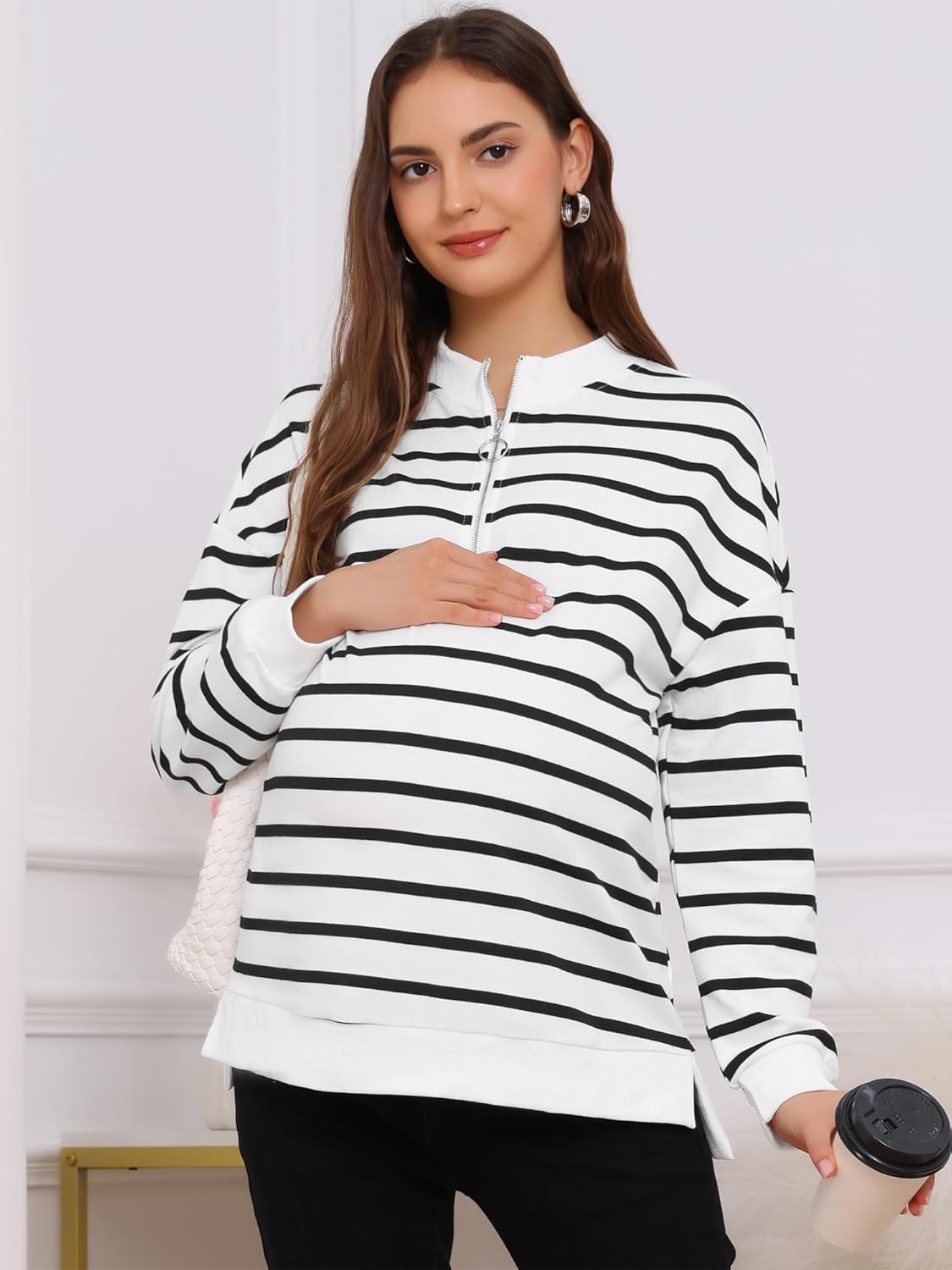 Womens Maternity Sweatshirt Striped Mock Neck Long Sleeve Half Zip Side Slit Pregnancy Nursing Tunic