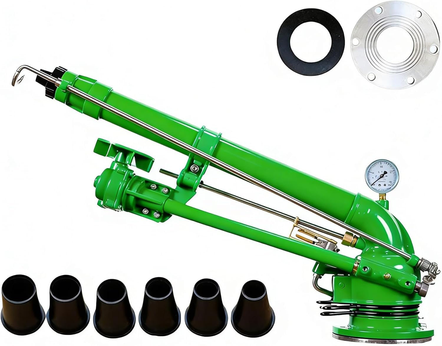 Aspersor de impacto de impulso con manómetro, aspersor de agua con varilla de vórtice de turbina agrícola, rango de agua de 26-53 m, aspersores de riego giratorios de 360° para riego de granja, césped