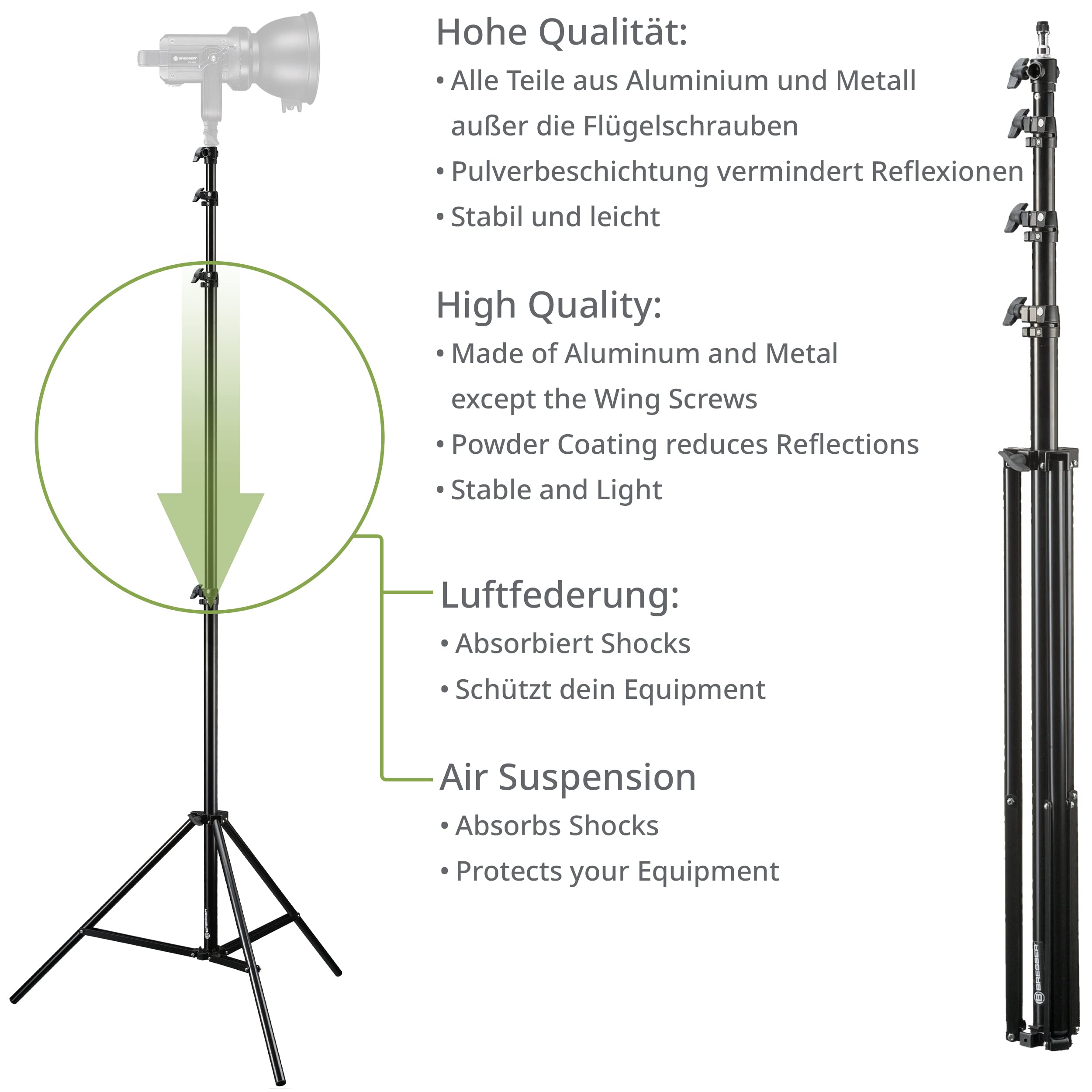 Bresser BR-TP400R Stativo 400cm per Flash da studio / Luce continua | Alluminio, altezza regolabile da 134 a 400 cm, chiuso 118 cm, 4 sezioni, adattatore spigot da 1/4 e 3/8 pollice
