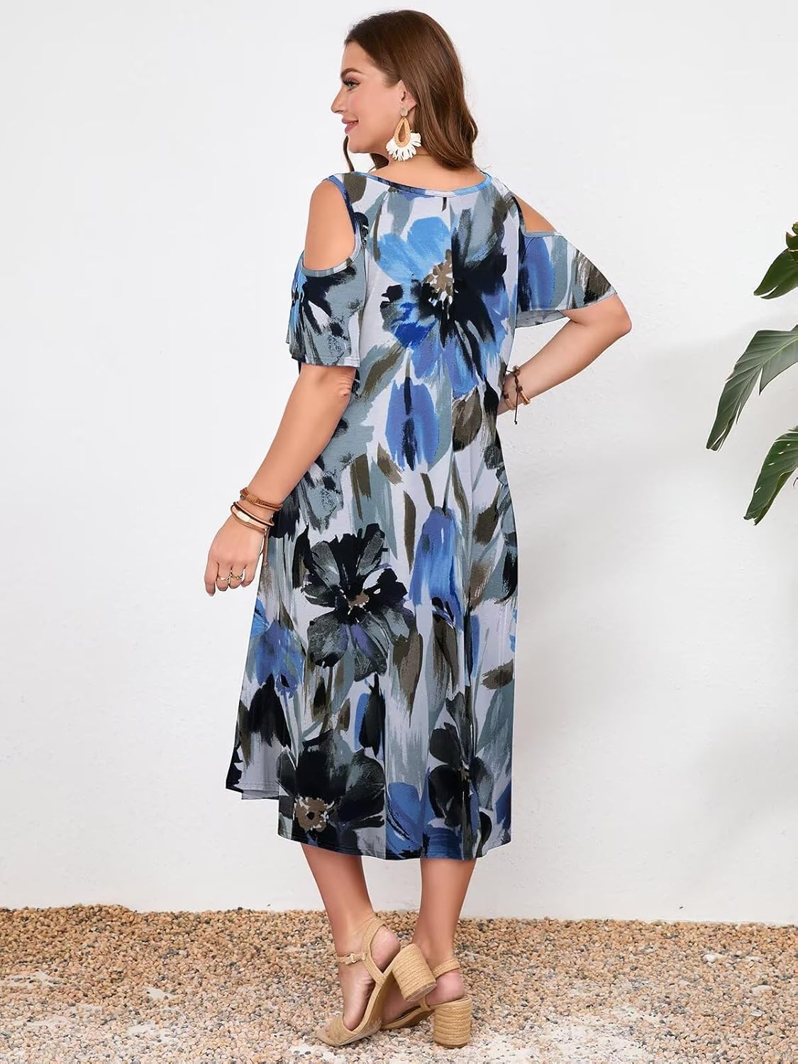 LARACE Plus Size Women Dress for Summer, Midi Women's Sundress, Casual V-Neck Short Sleeve Flowy T-Shirt Dresses with Pockets - Image 4