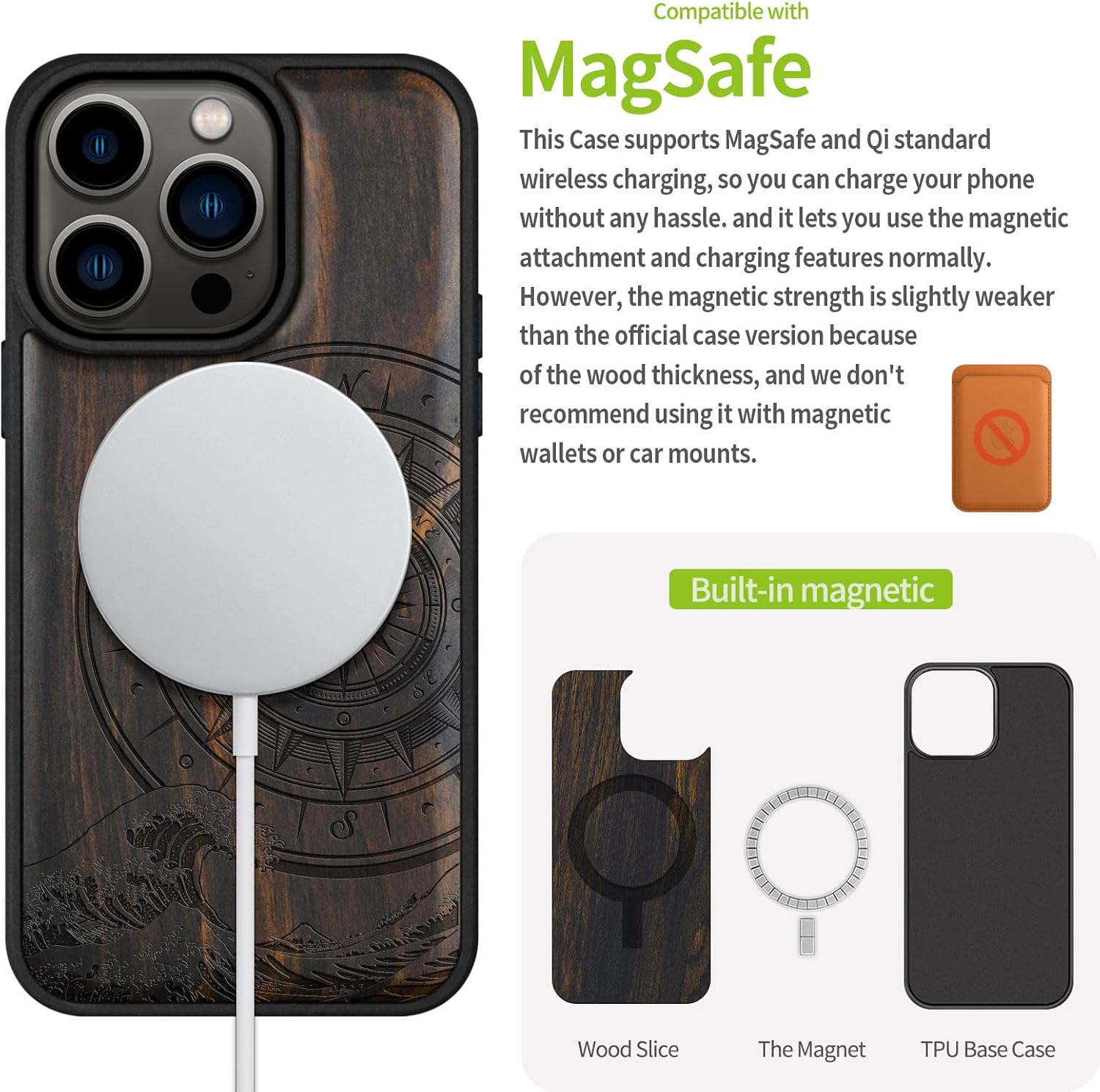 Carveit Magnetic Wooden Case for iPhone 15 Pro Case, Compatible with MagSafe Wireless Chargers, Black Soft TPU Shockproof Cover & Wood Artisan Engraved (Wave Compass) - Blackwood