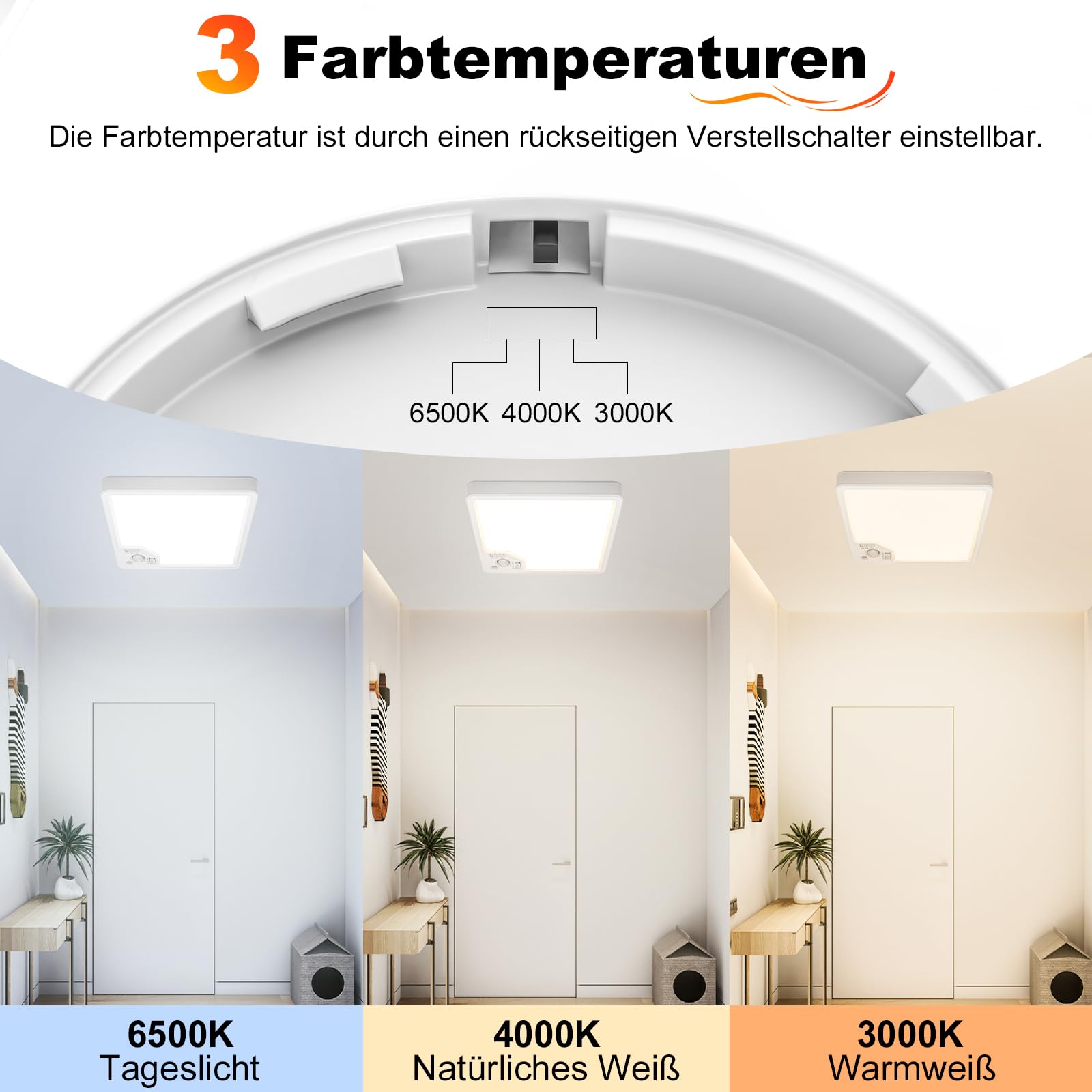 Lampa sufitowa z czujnikiem ruchu – 22W 2100LM LED, płaska lampa sufitowa z czujnikiem ruchu do wnętrz, 3 temperatury barwowe, z radarowym czujnikiem ruchu i czujnikiem zmierzchowym, do korytarza