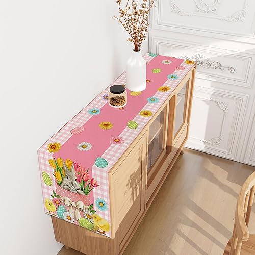 Miniatura 5 de Camino de mesa de Pascua a cuadros de lino rosa y blanco de 72 pulgadas de largo huevo de Pascua conejito pollo margarita tulipán decoración de mesa
