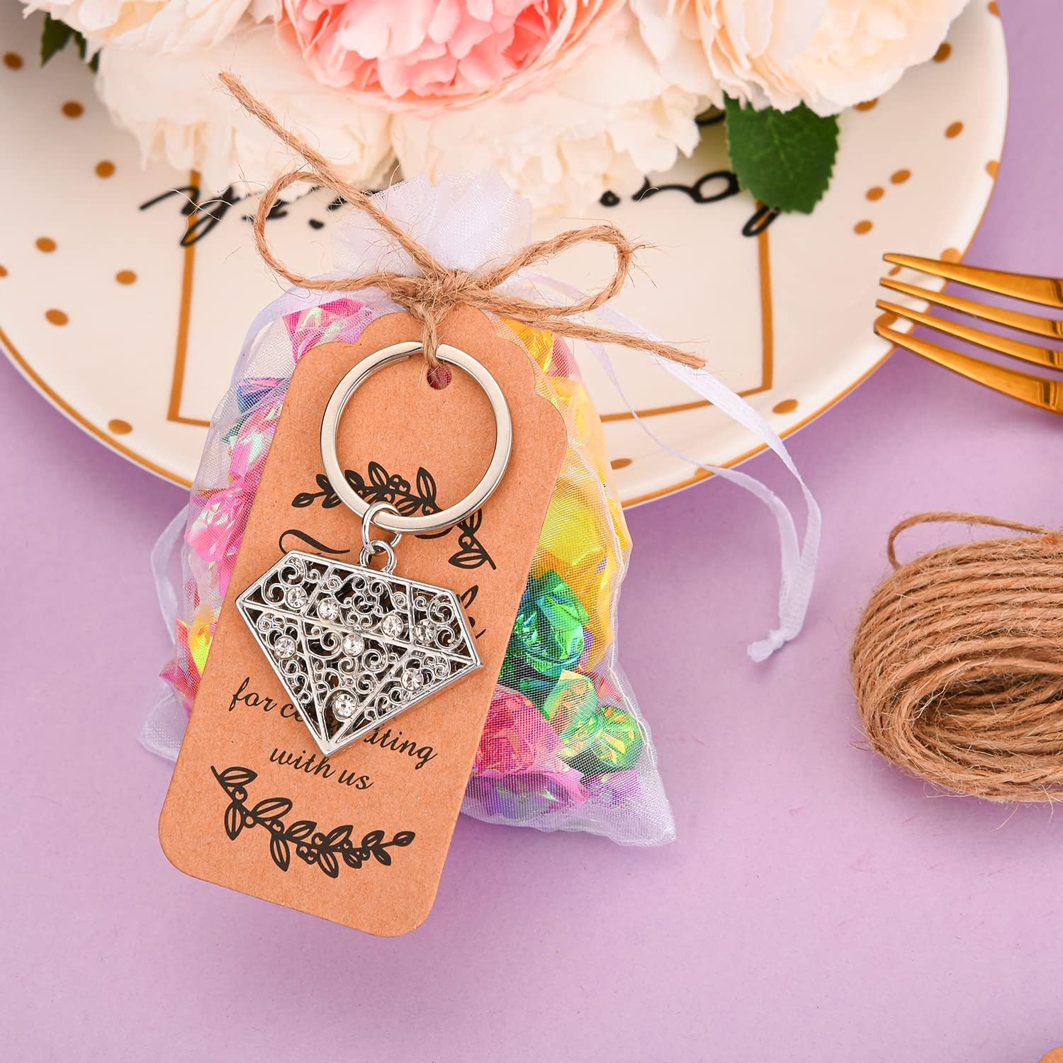 24 PCS Siliver Diamond Shape Keychain Diamond Ring Key Chains for Party Decoration Wedding Souvenirs Key Rings for Bridal Shower Wedding Return Gift Souvenirs for Guests Theme Party Decorations