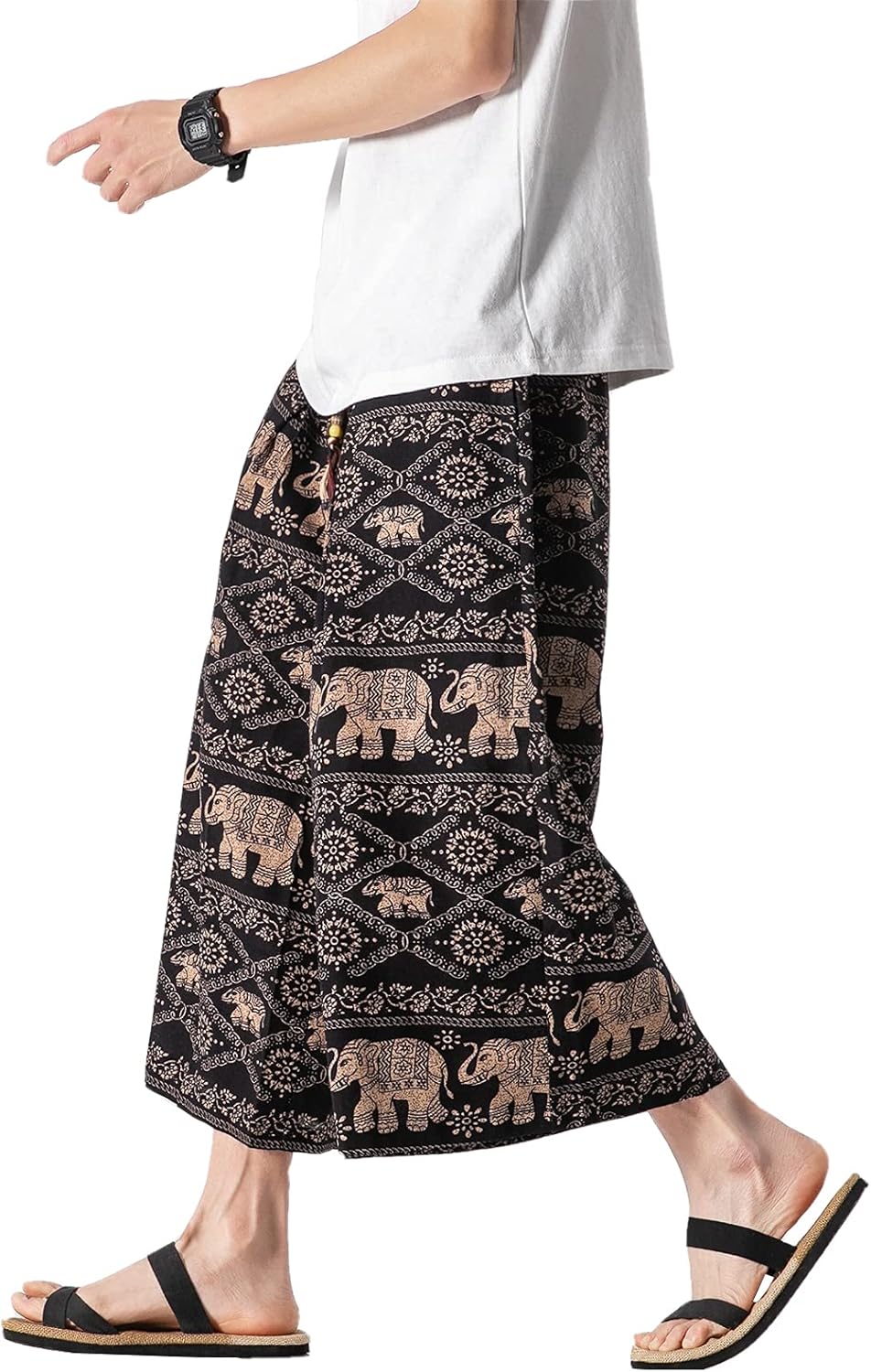 DOSLAVIDA Men’s Linen Harem Capri Pants Loose Fit Yoga Beach Shorts Elastic Waist Wide Leg Baggy Cropped Trousers