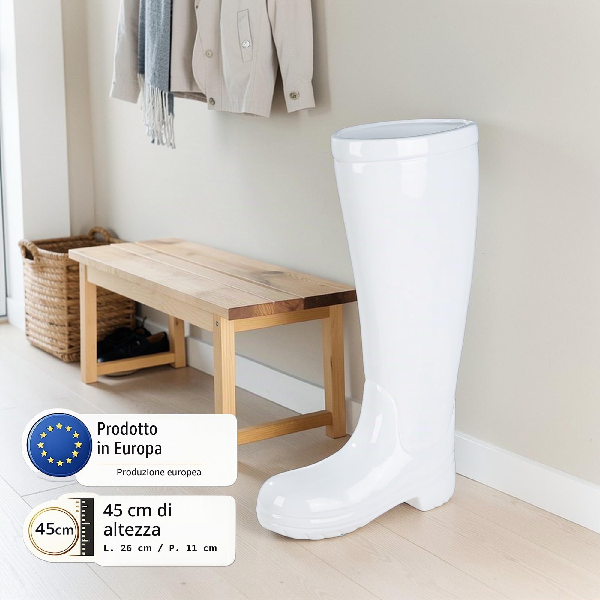 Casablanca - Portaombrelli in ceramica con vaschetta raccogli-acqua, colore: bianco, altezza 45 cm