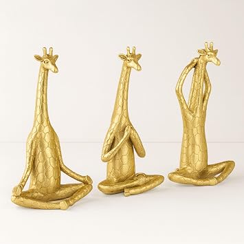 Decorative Yoga Giraffe Figurine for Home Decor - Sculptural Statues for Bathroom, Office, and Living Room - Ornaments Accent for Shelf, Bedroom, or Coffee Table - Set of 3, 12", Gold & Metallic