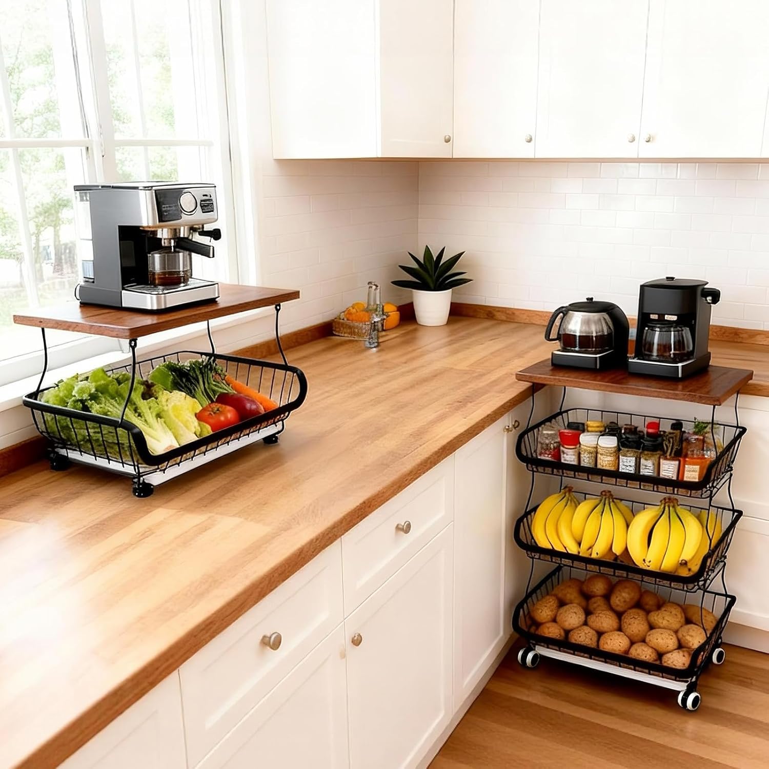 ISWEES Fruit Vegetable Basket for Kitchen, 4 Tier Stackable Fruit Vegetable Storage Baskets with Lockable Wheels, Metal Wire Storage Basket Organizer Baskets for Kitchen, Pantry, Bathroom