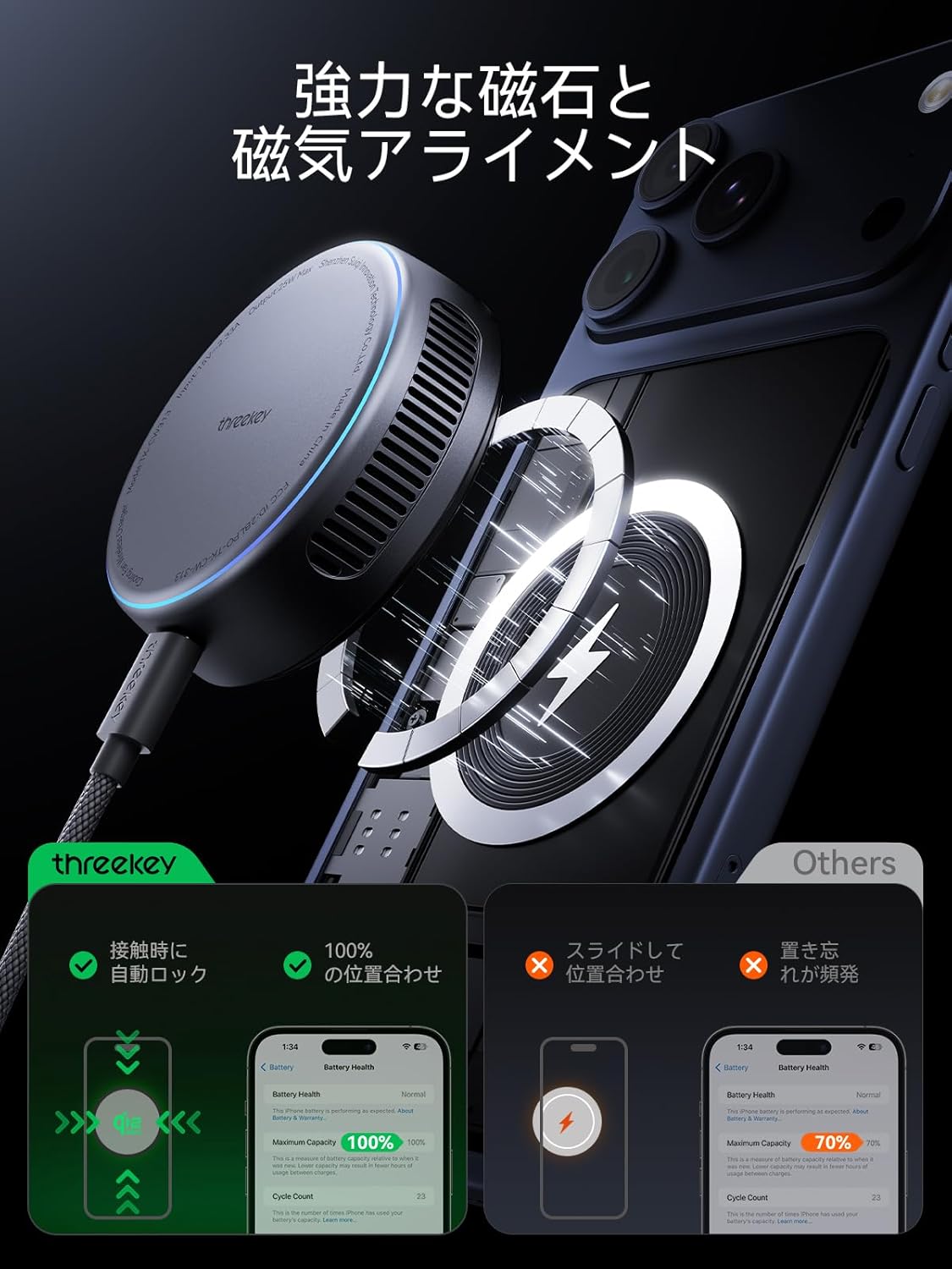 Image demonstrating magnetic auto-alignment of a phone on the charger.