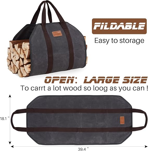 Firewood Log Carrier, Firewood Waxed Canvas Tote Bag with Handles, Heavy Duty Firewood Holder Fireplace Wood Stove Accessories for Camping,BBQ Indoor & Outdoor