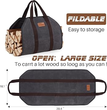 Firewood Log Carrier, Firewood Waxed Canvas Tote Bag with Handles, Heavy Duty Firewood Holder Fireplace Wood Stove Accessories for Camping,BBQ Indoor & Outdoor
