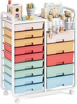 SYKIARIOL 14 Drawer Rolling Cart with Tabletop & DIY Pegboard, Storage Cart with Wheels, Classroom Organizers Utility Cart for Office Home School, Art Supplies, Mobile Craft Organize Colorful