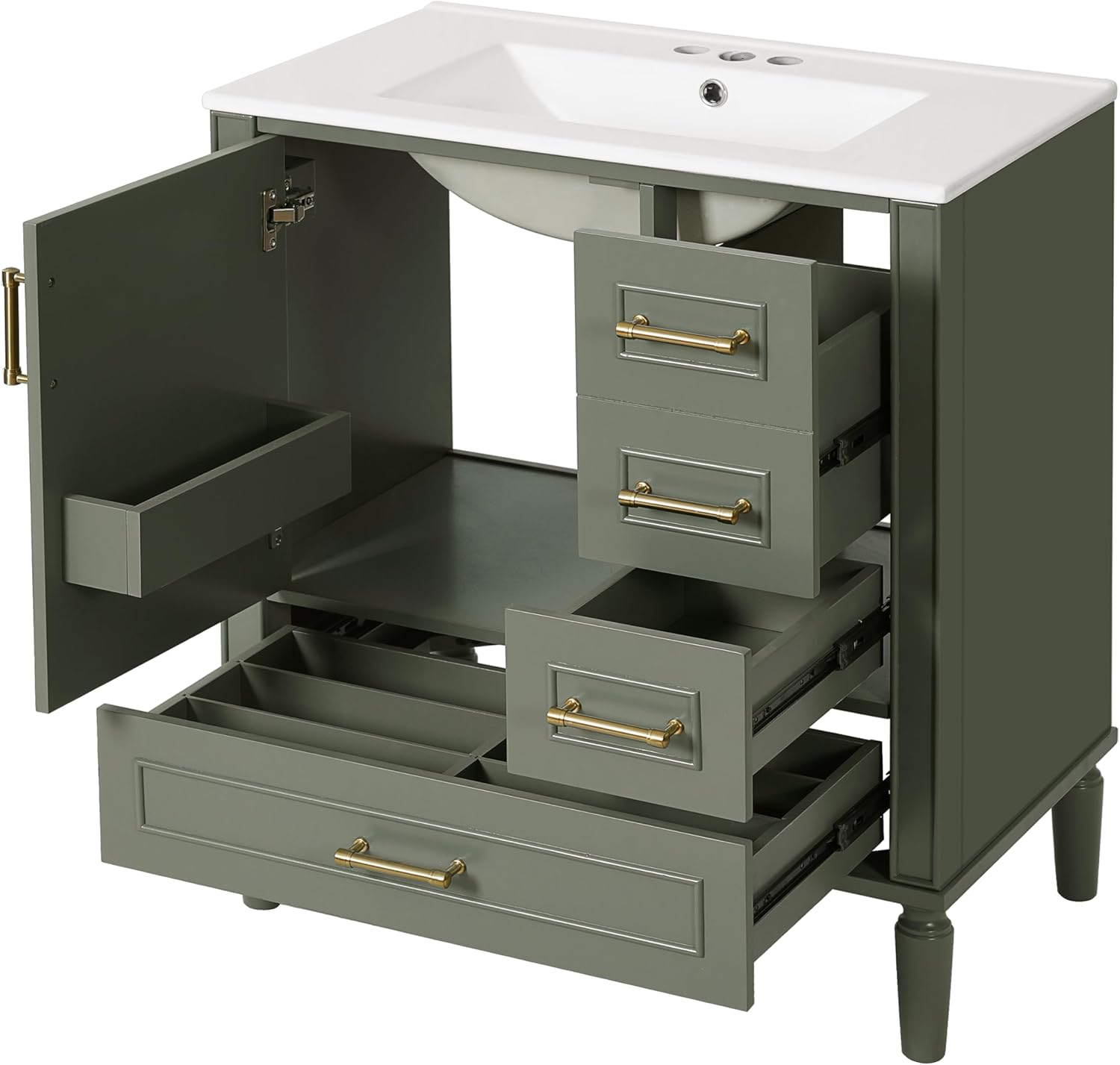 30" Bathroom Vanity with Ceramic Sink, White, Solid Wood and MDF, Three Drawers, Soft-Close Door, Gold Handles, Free-Standing (Olive Green)