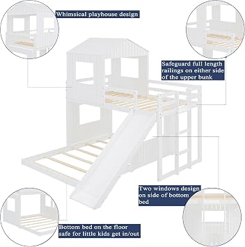 Harper & Bright Designs Wooden Twin Over Full Bunk Bed with Convertible Slide and Ladder Farmhouse Loft Bed with Playhouse Roof -Length Guardrails, Two Assembly Options (White)
