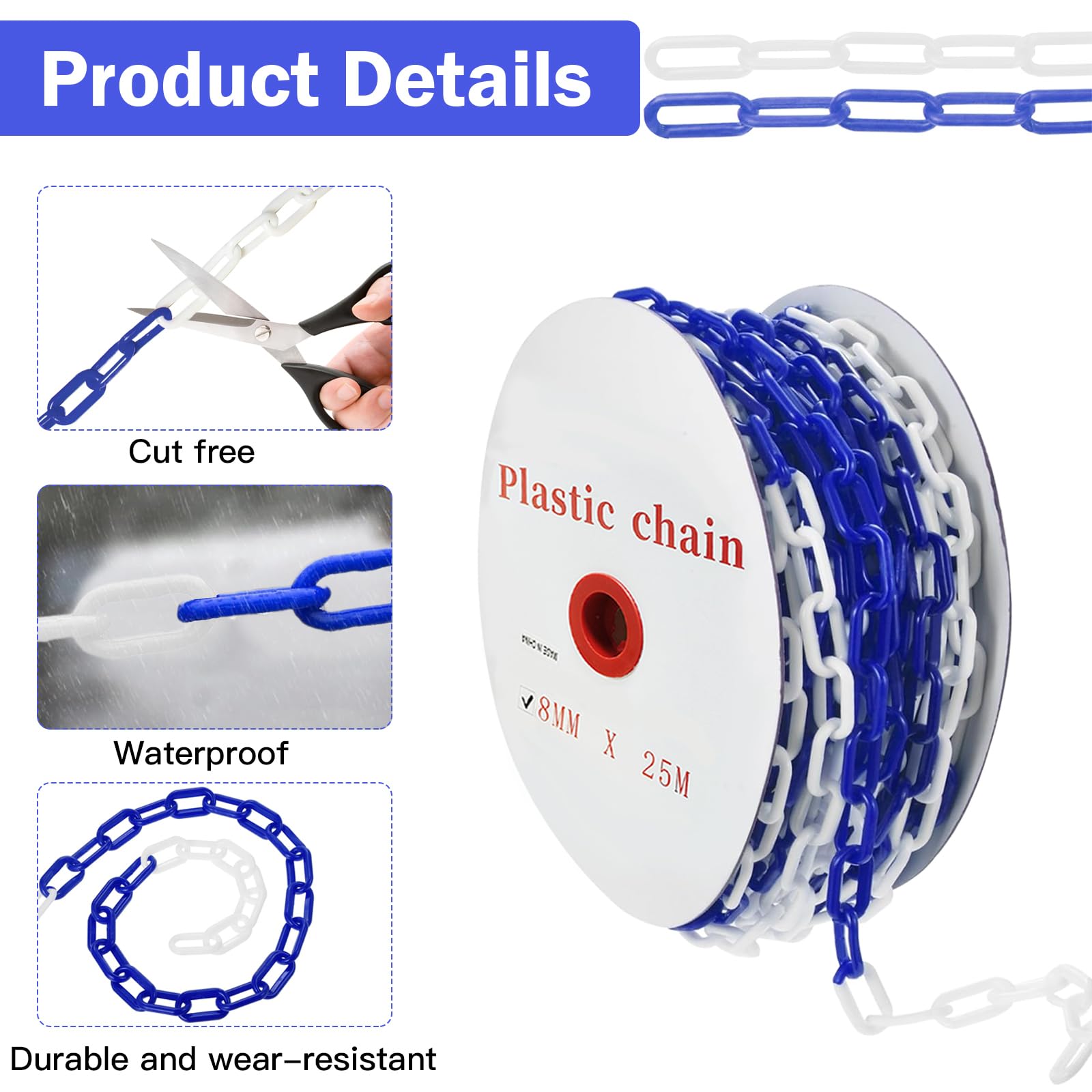 Chaîne de fermeture de 25 m, bleu/blanc, plastique, chaîne de fermeture de 8 mm, chaîne d'avertissement, chaîne en plastique avec 4 crochets en S, chaîne d'avertissement de sécurité en plastique pour