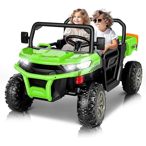 Hikole 24V Kids Ride on Dump Truck, 4X4 2 Seater Electric Ride On Toys with Remote Control, Shovel,3 Speeds, Powerful 2x200W Motor, Music, Bluetooth, 24 Volt Power Wheels UTV for Big Kids, Green