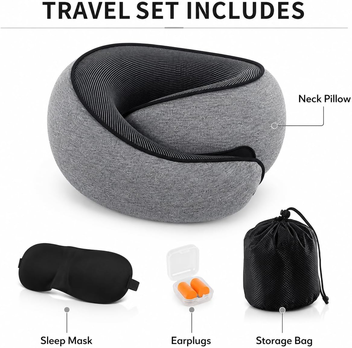 Memory Foam Travel Neck Pillow, Rollable U-Shaped Neck Support Pillow with Soft Breathable Cover and Storage Bag for Airplane, Car, Train and Office Rest