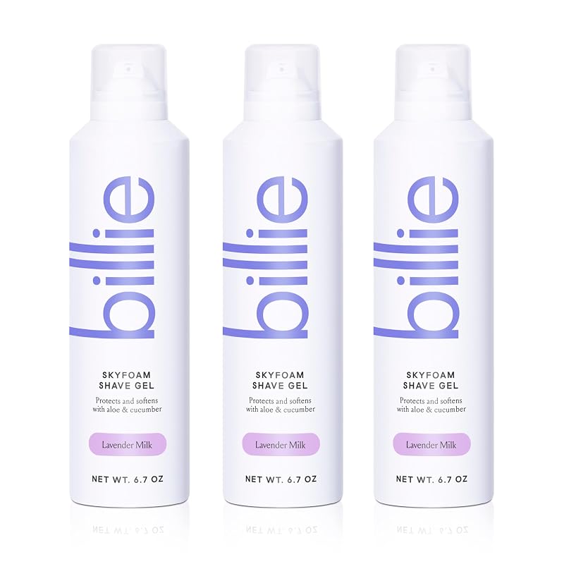 Gel de barbear Billie SkyFoam com fragrância Lavender Milk, ativado por água, com aloe vera e pepino, pacote com 3