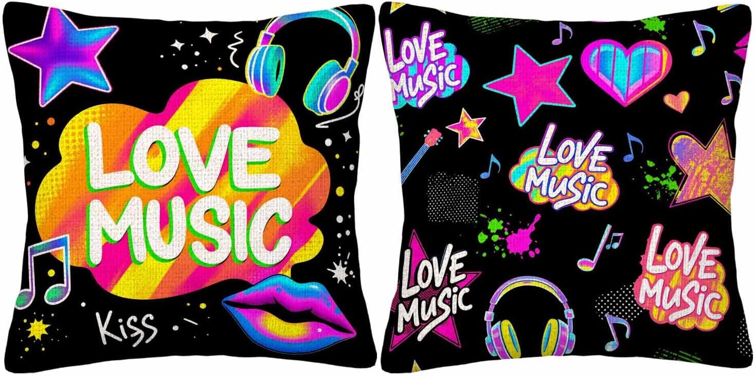 Music Note Throw Pillow Covers Set of 2,Rock Music Theme Headphones Radio Graffiti Decorative Pillow Case Home/Car Decor 18X18 Inches Two Pillowcases