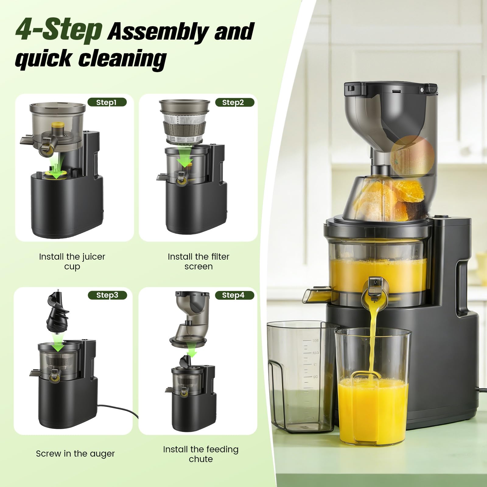 Spremiagrumi a Lenta Estrazione 500W, Spremitore Elettrico con Bocca di Alimentazione Larga 125mm,Estrattore di Succo per Verdura e Frutta,Top per Frutta Intera e Verdura,Senza BPA,Nero