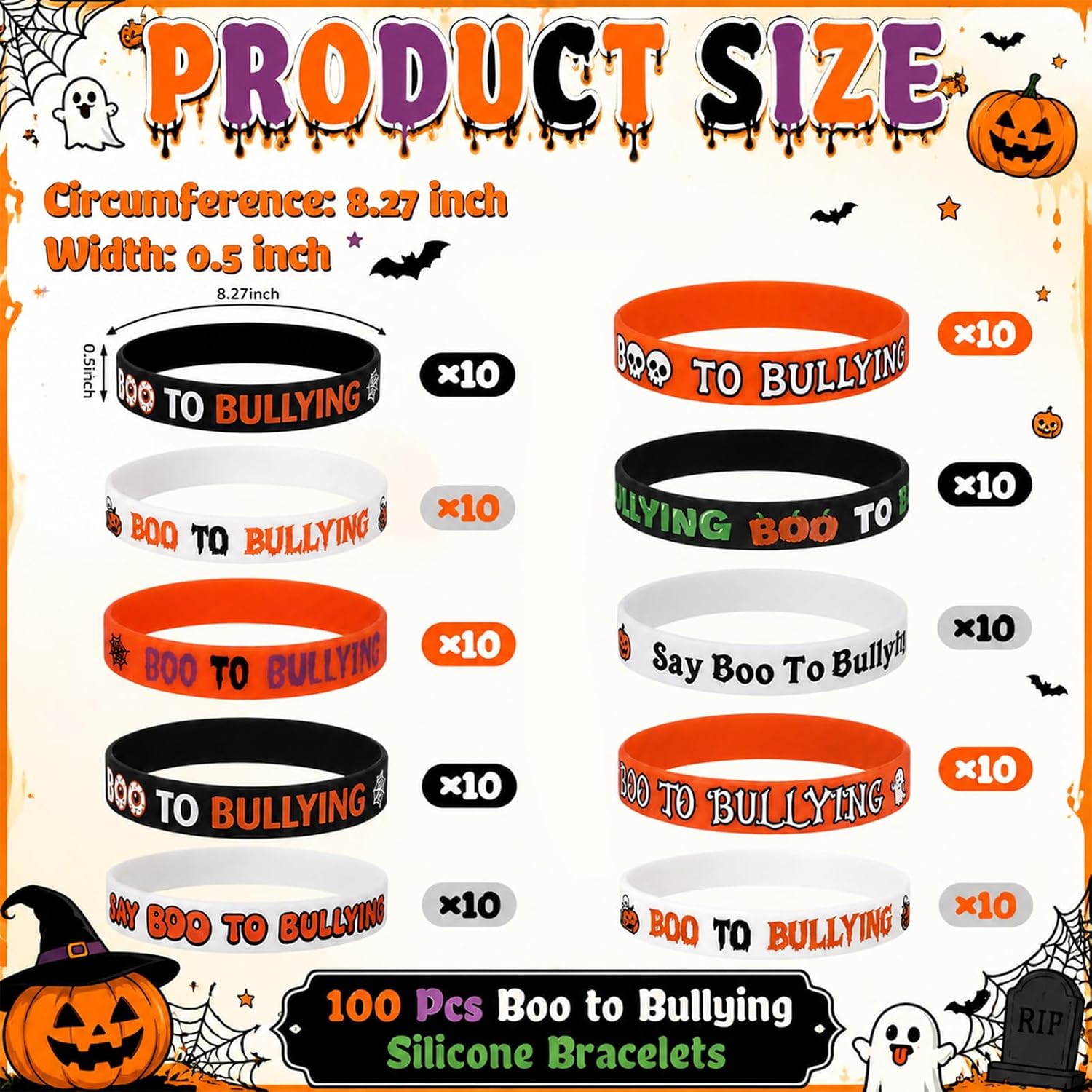 Epakh 100 Pcs Boo to Bullying Silicone Bracelets, Anti Bullying Awareness Wristbands Bulk Halloween Against Bully Silicone Items for Awareness Fundraising School Event Campaign Party, 10 Styles