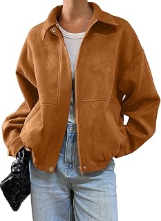 SHEWIN Women's Faux Suede Bomber Jacket Oversized Zip Up Cropped Coat | Cozy, Lightweight, Zip Up, Lapel Collar, Ribbed Hem, Pockets, Streetwear Outerwear, Fall Fashion Clothes