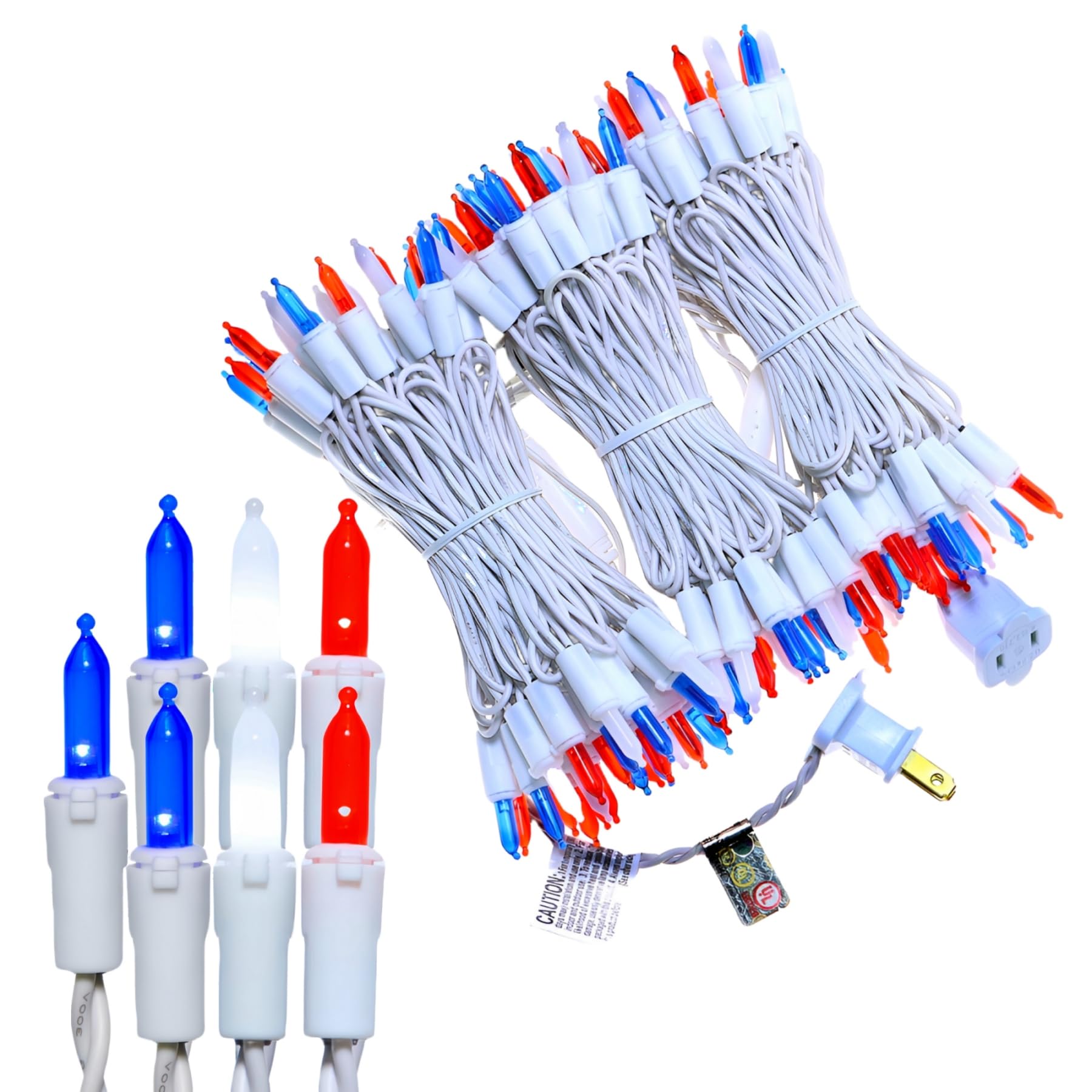 150 LED Red White and Blue US Flag Lights, UL Certified and Commercial Grade 50 Ft White Wire 3-Colored Christmas Lights, for Indoor and Outdoor Party, 4th of July.