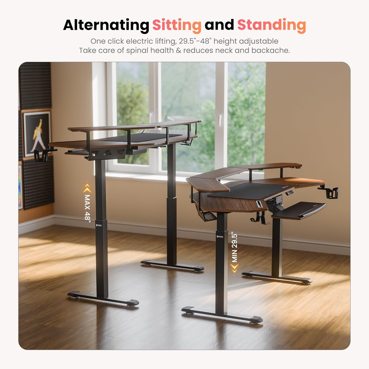 EUREKA ERGONOMIC 72" Standing Desk, Adjustable Height Dual Motor Computer Desk with Keyboard Tray & LED Monitor Stand, Gaming Music Studio Workstation, Slot Design, Deep Walnut