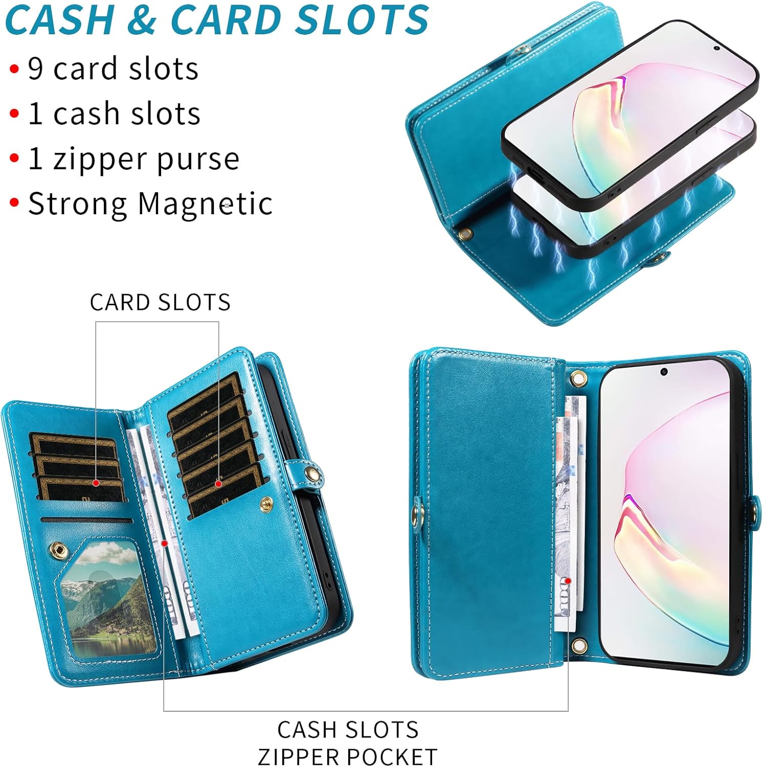 Asuwish Phone Case for Samsung Galaxy Note 10 Plus Note10+ 5G Zipper Wallet Cell Cover with Tempered Glass Screen Protector Strap Flower Card Holder Note10 + Notes 10+ Ten Not S10 10Plus Women Blue