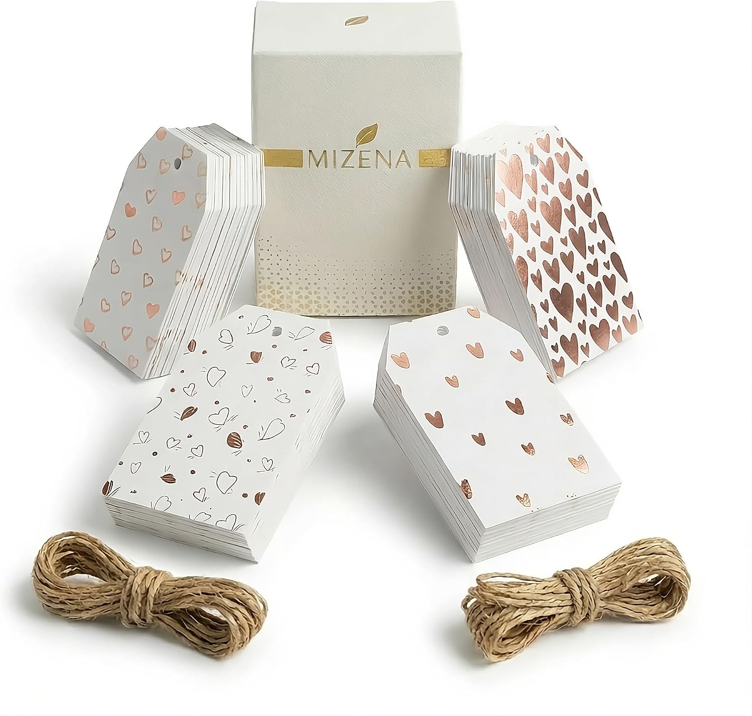 Blank Gift Tags with Foil Hearts, 350 GSM White Paper Hang Tags with String, 4 Pattern Designs, Premium Boxed Gift Wrapping Labels for Wedding, Birthday, Baby Shower & Crafts (Rose Gold Foil)