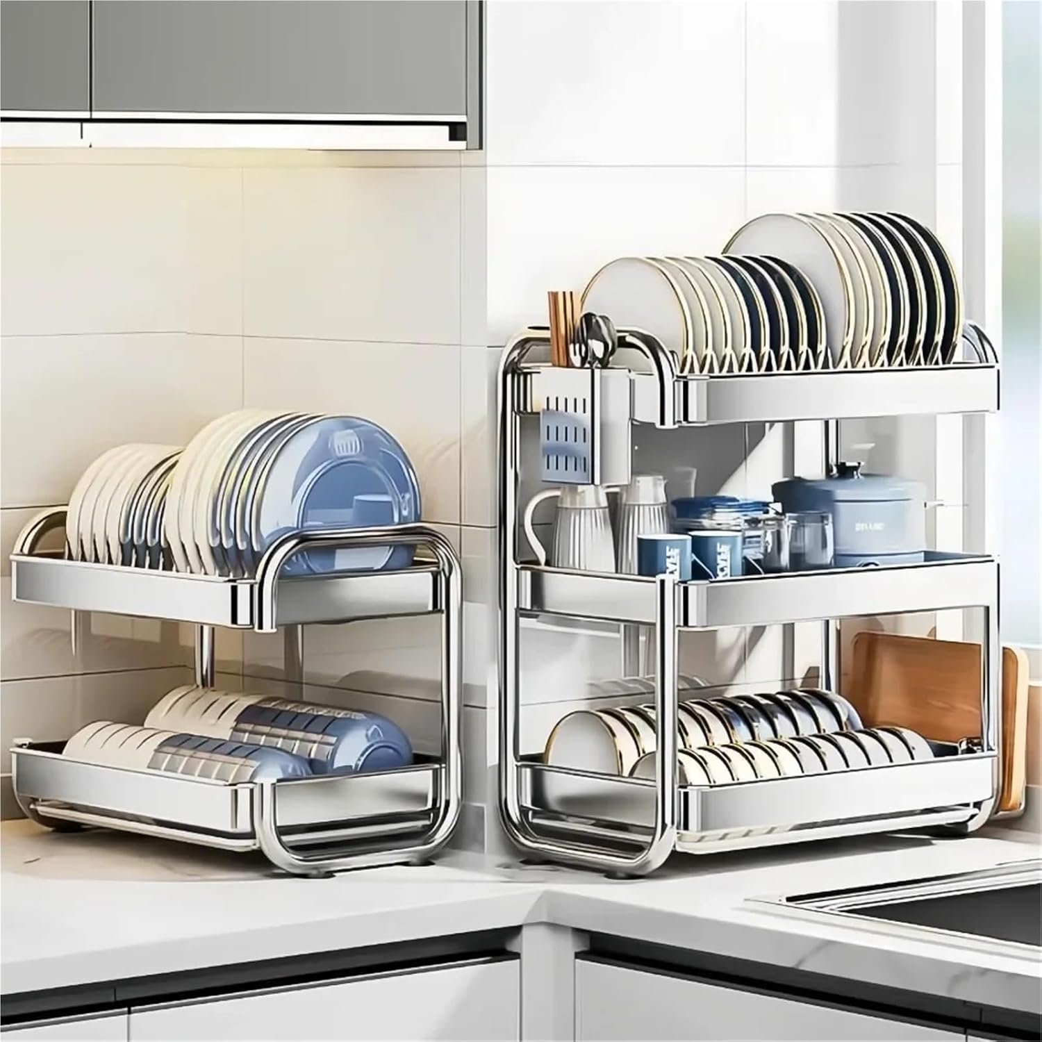 Dish Drying Rack Multifunctional Rustproof Big-capacity Bowl Storage Shelf Stainless Steel Multilayer Spacesaving Draining Shelf(2 Floors A)