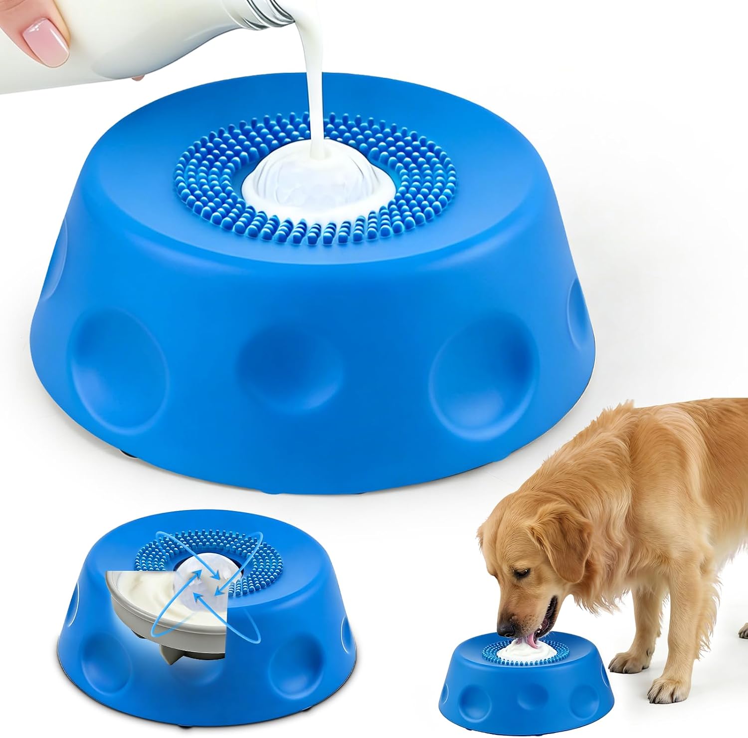 Dog Slow Feeder Bowl with Rolling Ball, Slow Feeder Bowl for Liquid Treats, Non-Spill Dog Licking Bowl Designed for Anxiety Relief, Interactive Dog Licking Toy, Blue