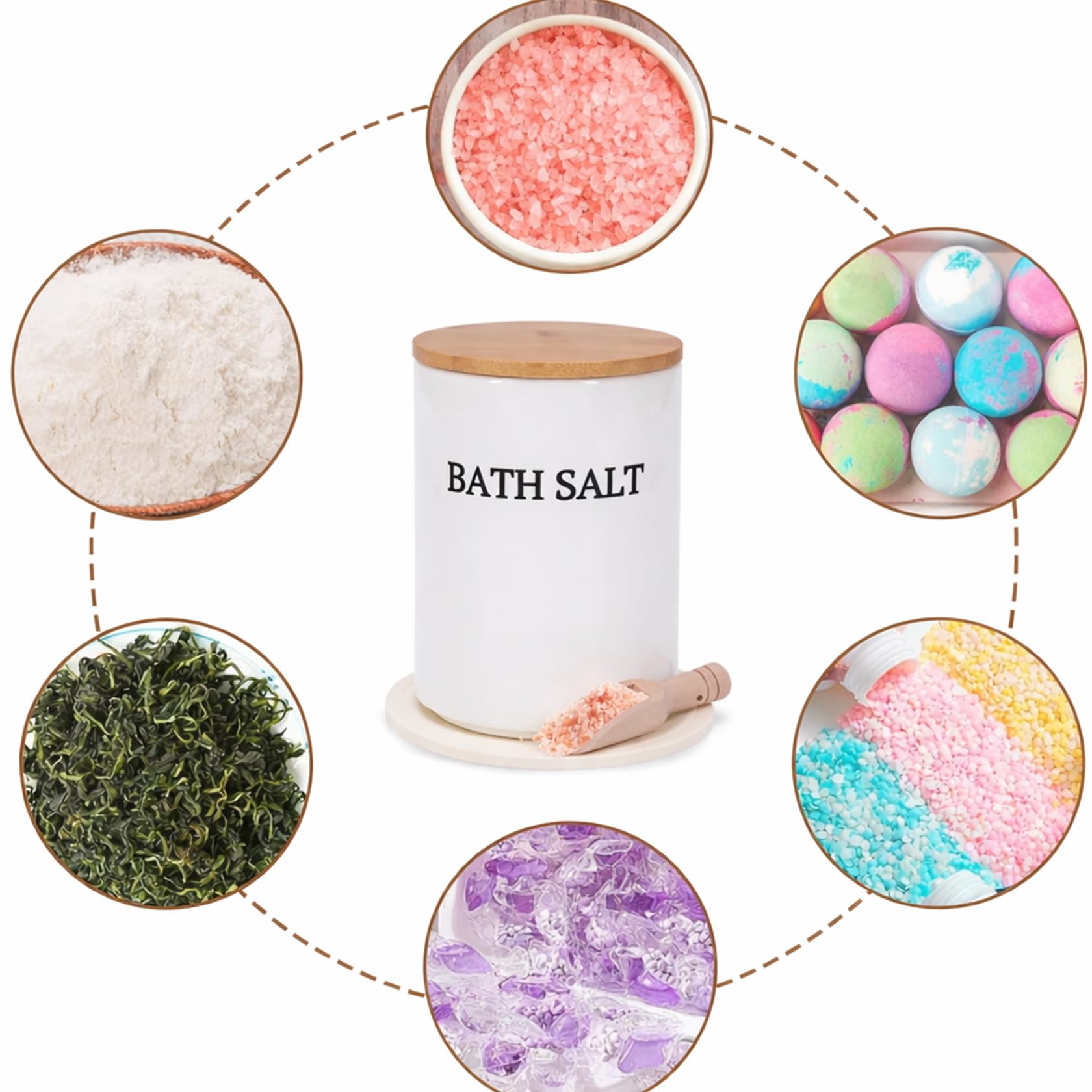 Barattolo in vetro con coperchio in bambù, ermetico per sali da bagno, Epsom sale e cosmetici, con cucchiaio e tappetino, decorazione da bagno per donne, bianco