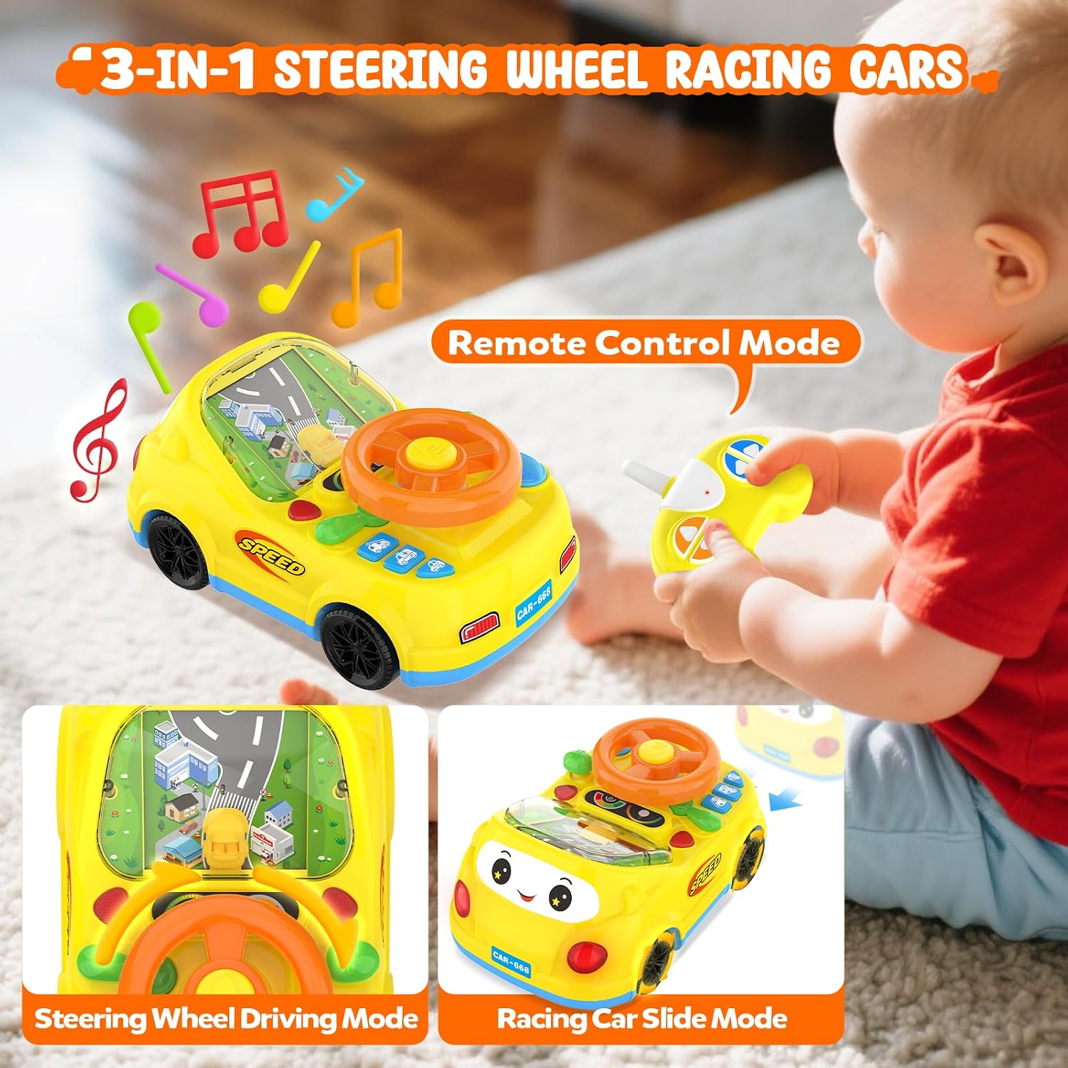 Toys for 1 Year Old Boy Gifts - 2-in-1 Toddler Push Car & Musical Racing Adventure Steering Wheel Driving Game, Interactive Simulated Driving Car for Baby 12-18 Months, Birthday Gift Ages 1-2, Yellow