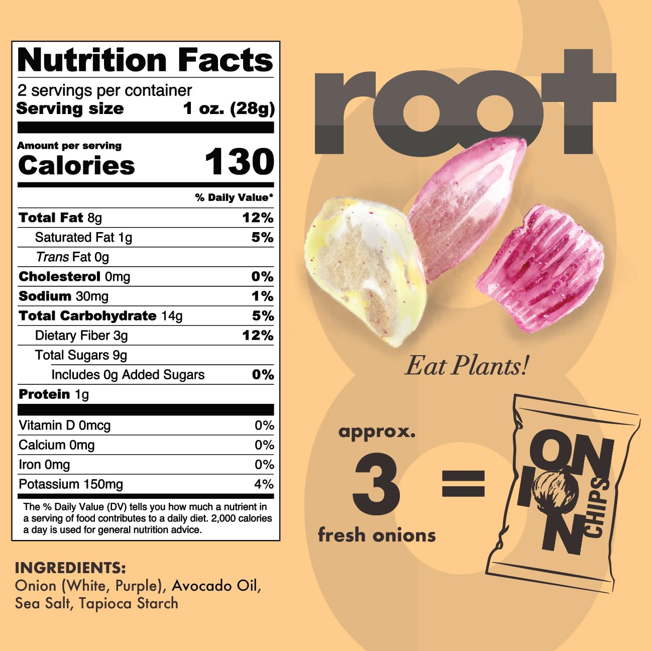 Root Foods Onion Chips, Natural Veggie Snack, Non-GMO Vegetable Crisps, Good for Adults, Kids, Vegan, Gluten Free, Kosher, Halal 6 pack