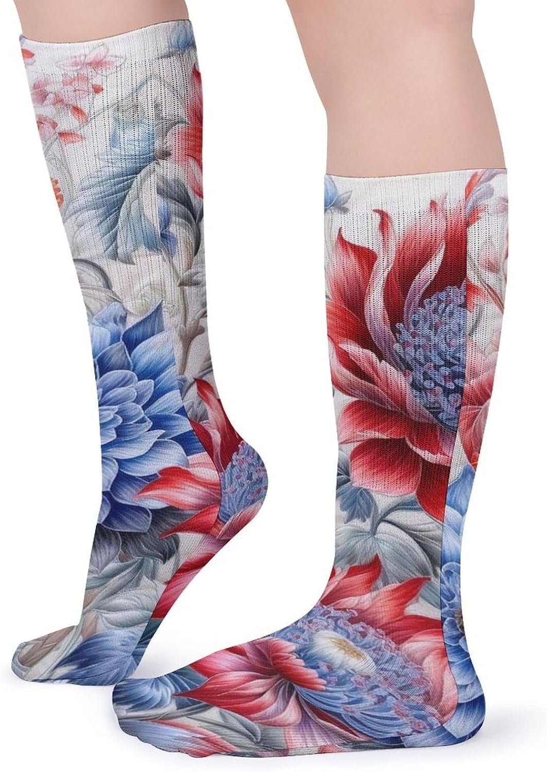 Breathable Crew Sock, Moisture Wicking, Athletic Calf Socks, Cozy | Red And Blue Flowers Compression Socks for Women Men, Lightweight High Work Socks for Business, Casual