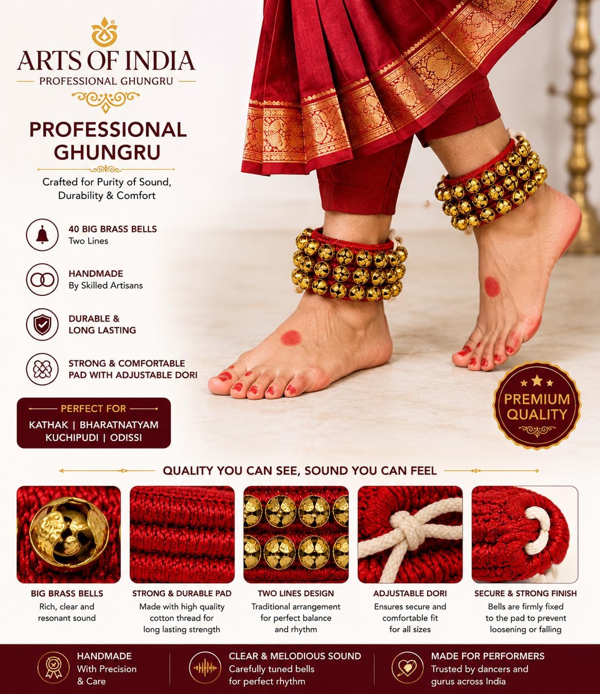Kathak Ghungroo (2) Two Line Big Dancing Bells Ghungroo Pair Handmade Indian Classical Dance Accessories Bharatnatyam, Kuchipudi, Odissi Ghungru Red Pad