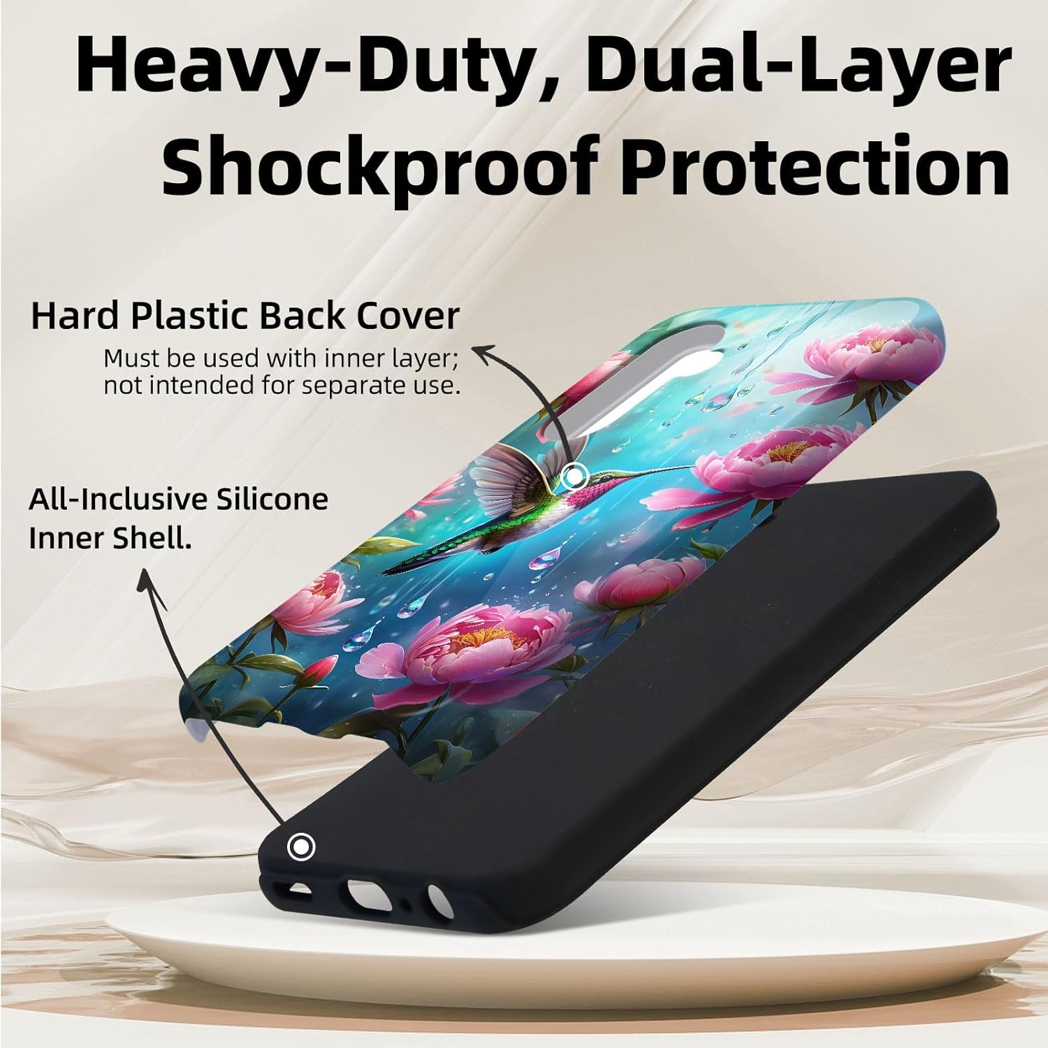 for Samsung Galaxy S24 Phone Case, Dual Layer Hard Shell Silicone Cover for Galaxy S24, Hummingbird Garden Glossy Shockproof Phone Case, Compatible with Wireless Charging