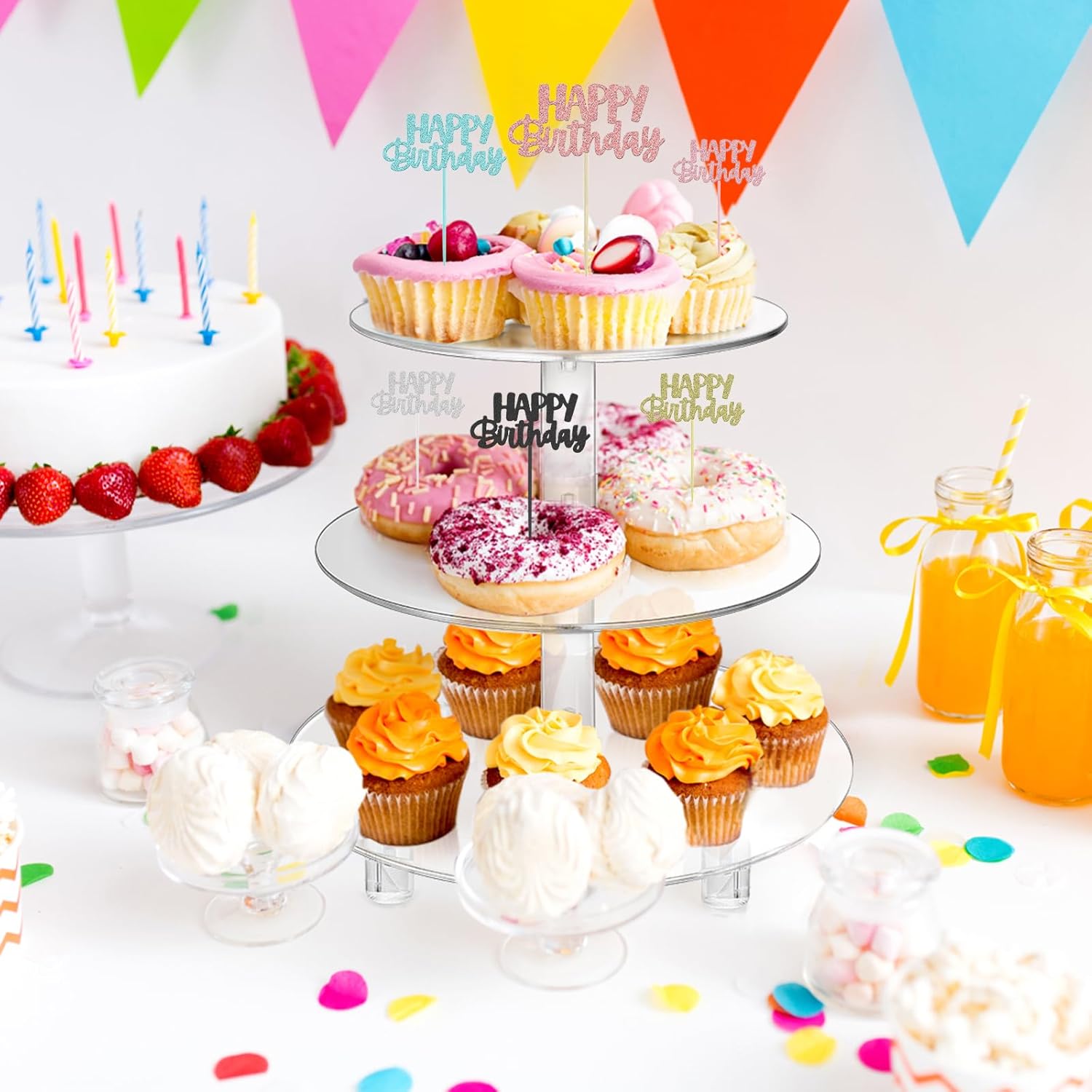 12 Pieces Happy Birthday Cupcake Toppers, 6 Colors Glitter Cake Decorations for Birthday Party, Baby Shower, Anniversary - Pre-Assembled