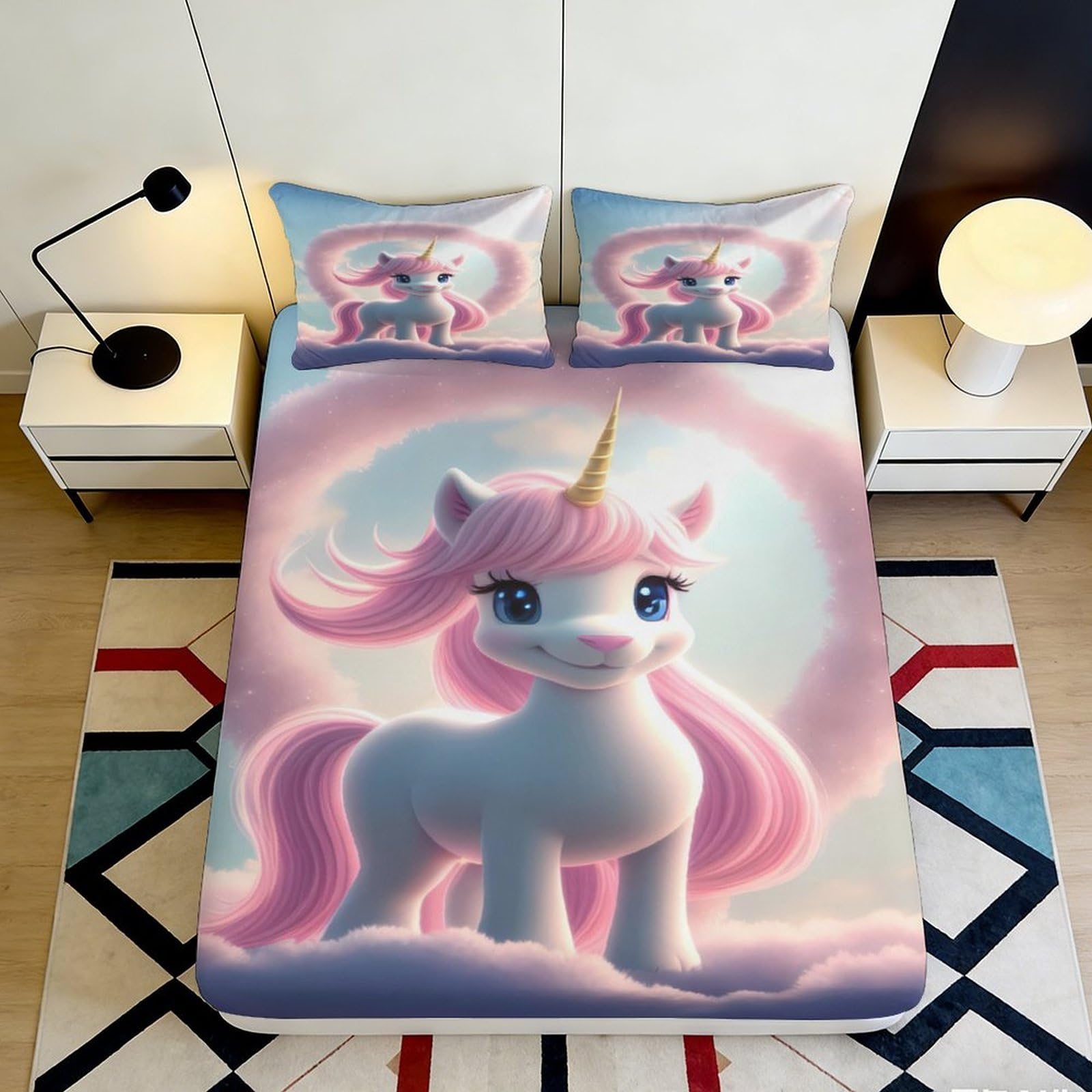 3D Printed Pink Unicorn Fitted Sheet Microfiber Soft Pastel Rainbow Mattress Cover for Bedroom Dorm Mattress Decor 90x200x25cm