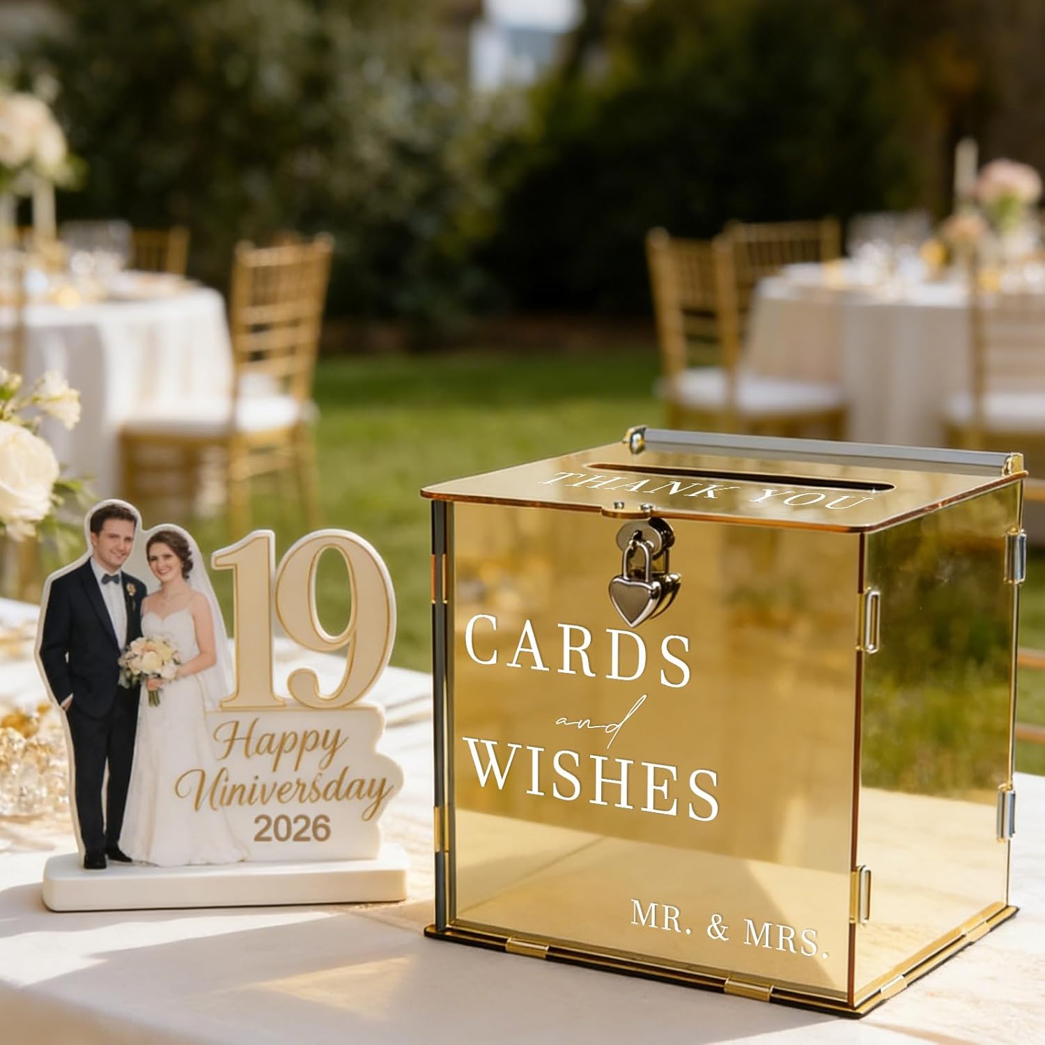Acrylic Gold Card Box with Slot & Lock, Metallic Golden Classy Wedding Card Boxes for Reception, Large Money Gift Cards Box for Party Engagement Bridal Shower Luxury Wedding Table Decor