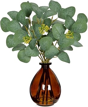 DILATATA Artificial Eucalyptus Stems in Glass Vase with Faux Water, 13" Fake Plant Eucalyptus Leaves Greenery for Table Centerpiece Office Home Decor - Amber