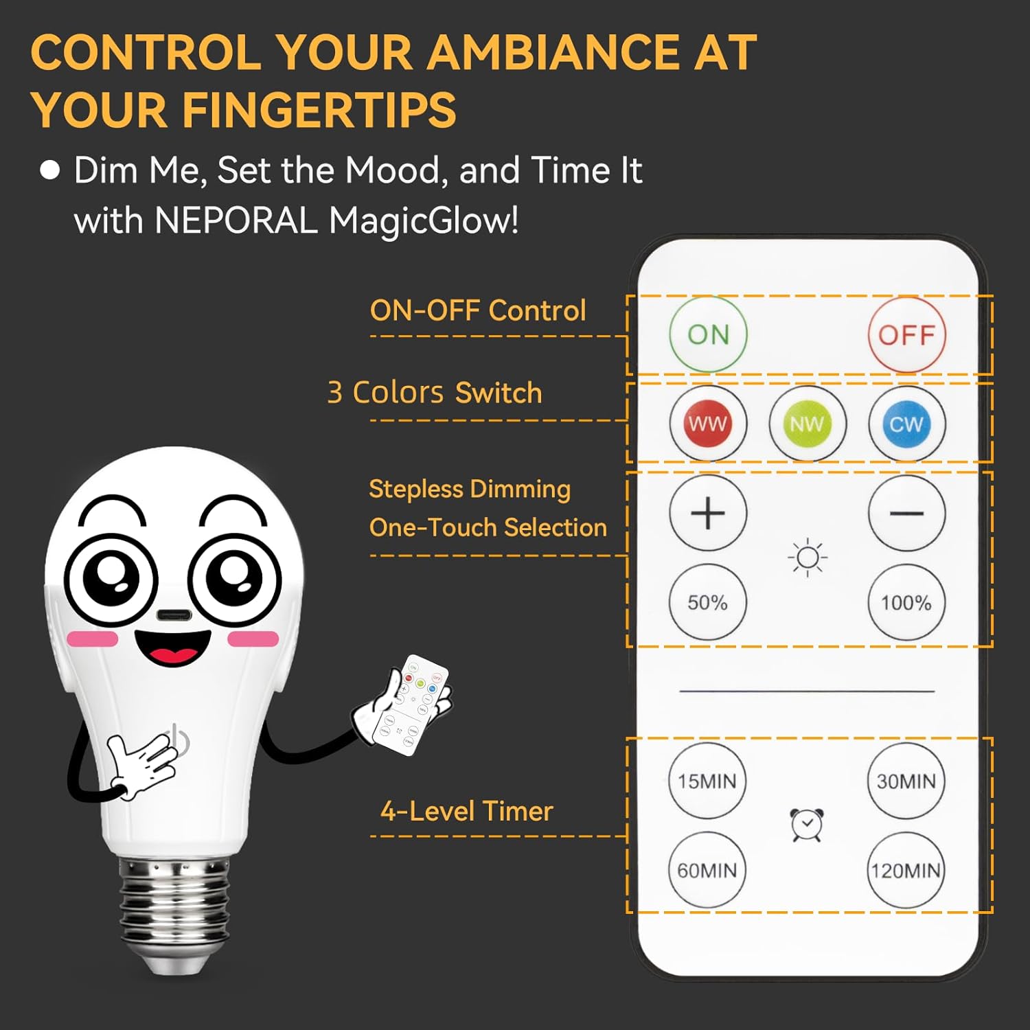 Neporal MagicGlow USB Rechargeable Light Bulbs with Remote, 3-Color Shift + 10%-100% Dimmable, Up to 20 Hours Battery Powered Light Bulb, 15W A19 LED Rechargeable Light Bulbs for Lamps with No Outlet - Image 7