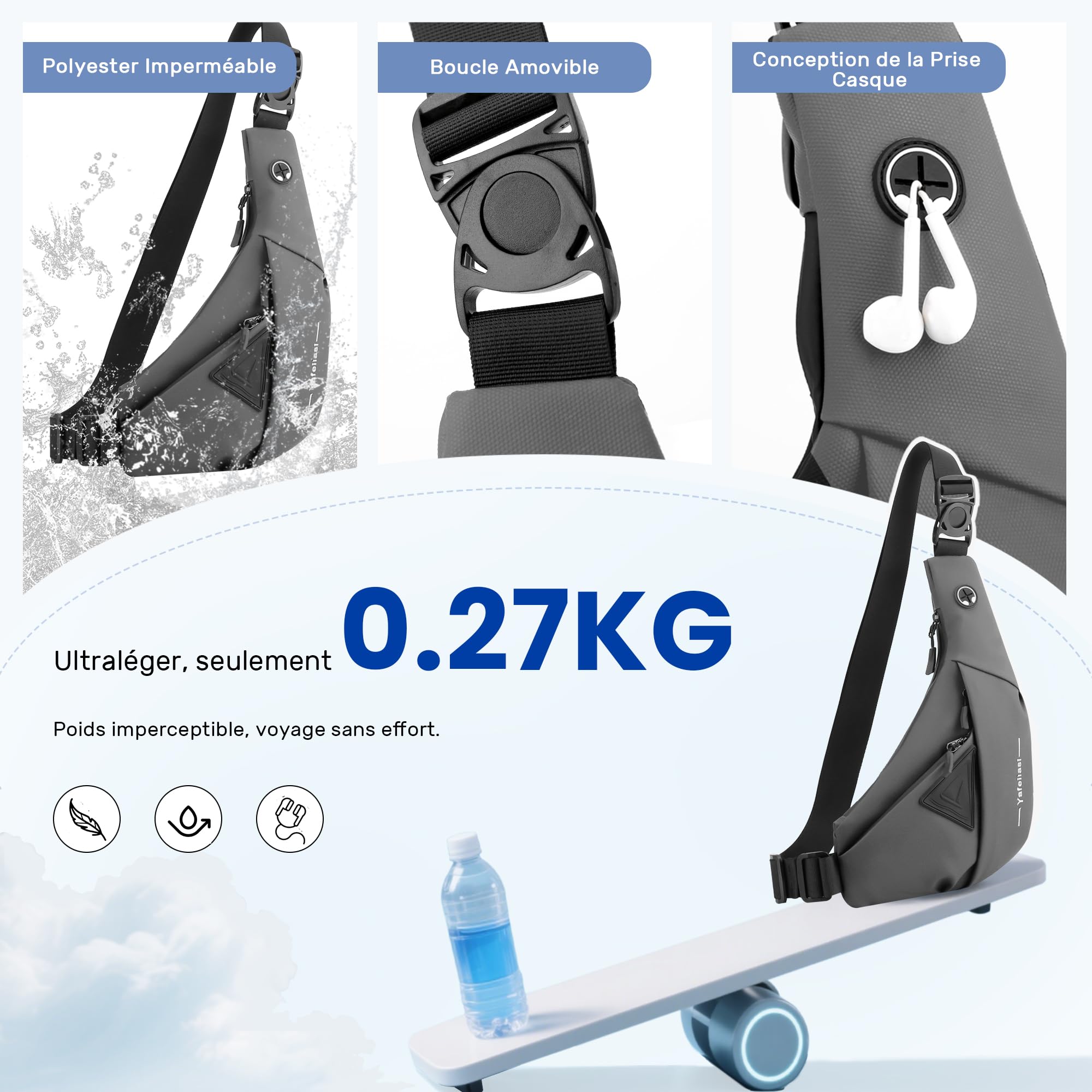 Léger Sac de Poitrine Homme Sling Bag Petit Sacs à Bandoulière Casual Sac d'Epaule Crossbody Bag Voyage Sport Cyclisme Antivol Imperméable Polyester Sling Sac à Dos Épaule Gauche Grise