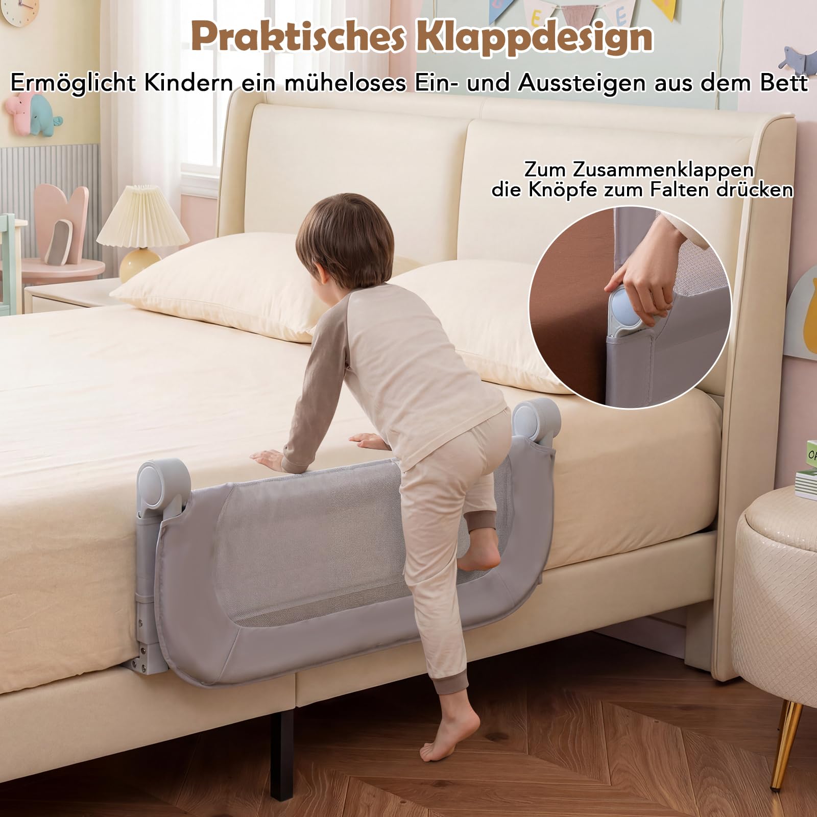 COSTWAY Bettgitter klappbar, 80 x 60 cm Bettschutzgitter mit abnehmbarem Oxford-Bezug, U-förmigem Gestell & Gurt, Kinderschutzgitter, Rausfallschutz für Kinderbett Elternbett Boxspringbett (Grau)
